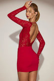 Sheer Lace Boat Neck Mini Dress in True Red