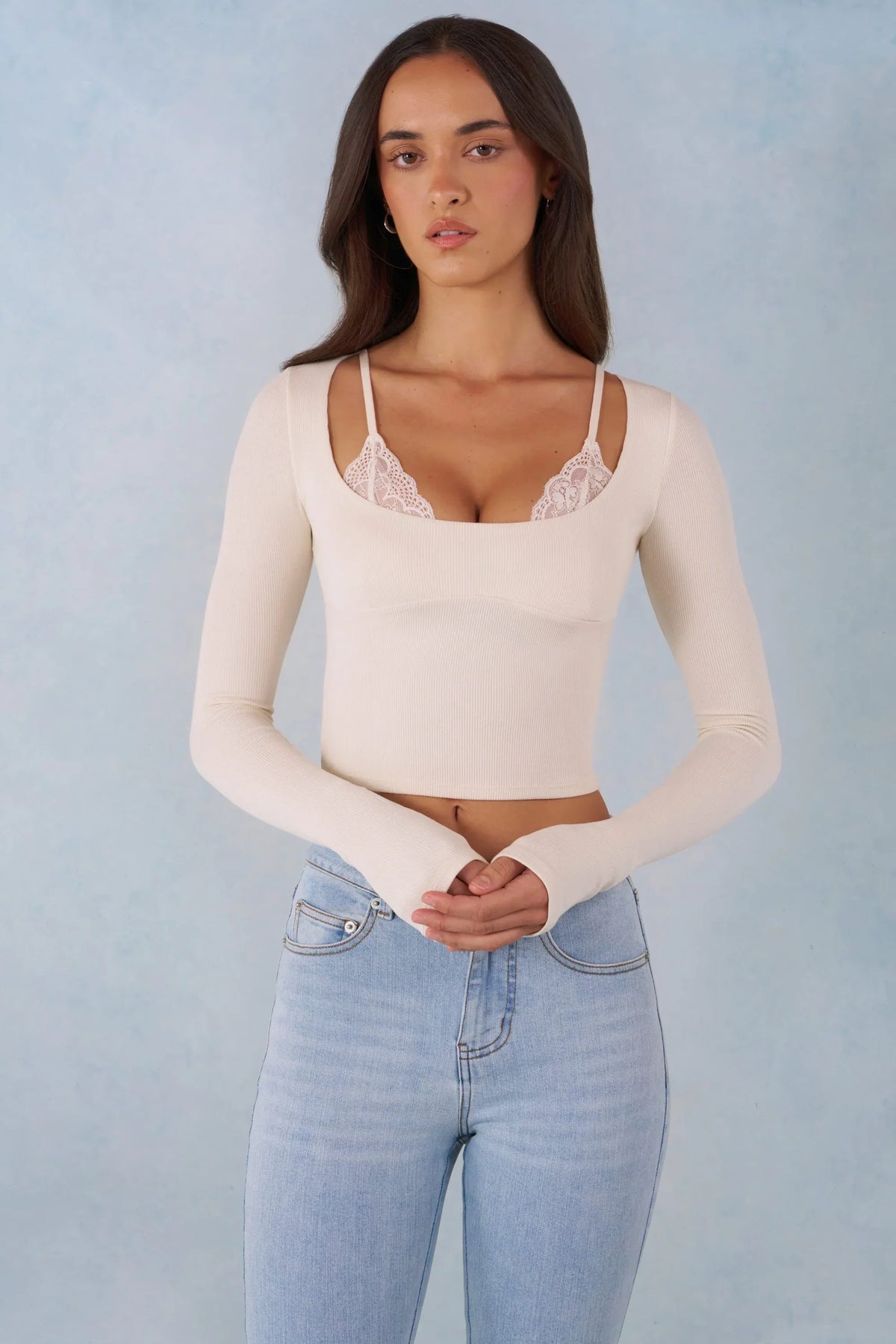 Ribbed Modal Long Sleeve Laced Bra Top in Ivory