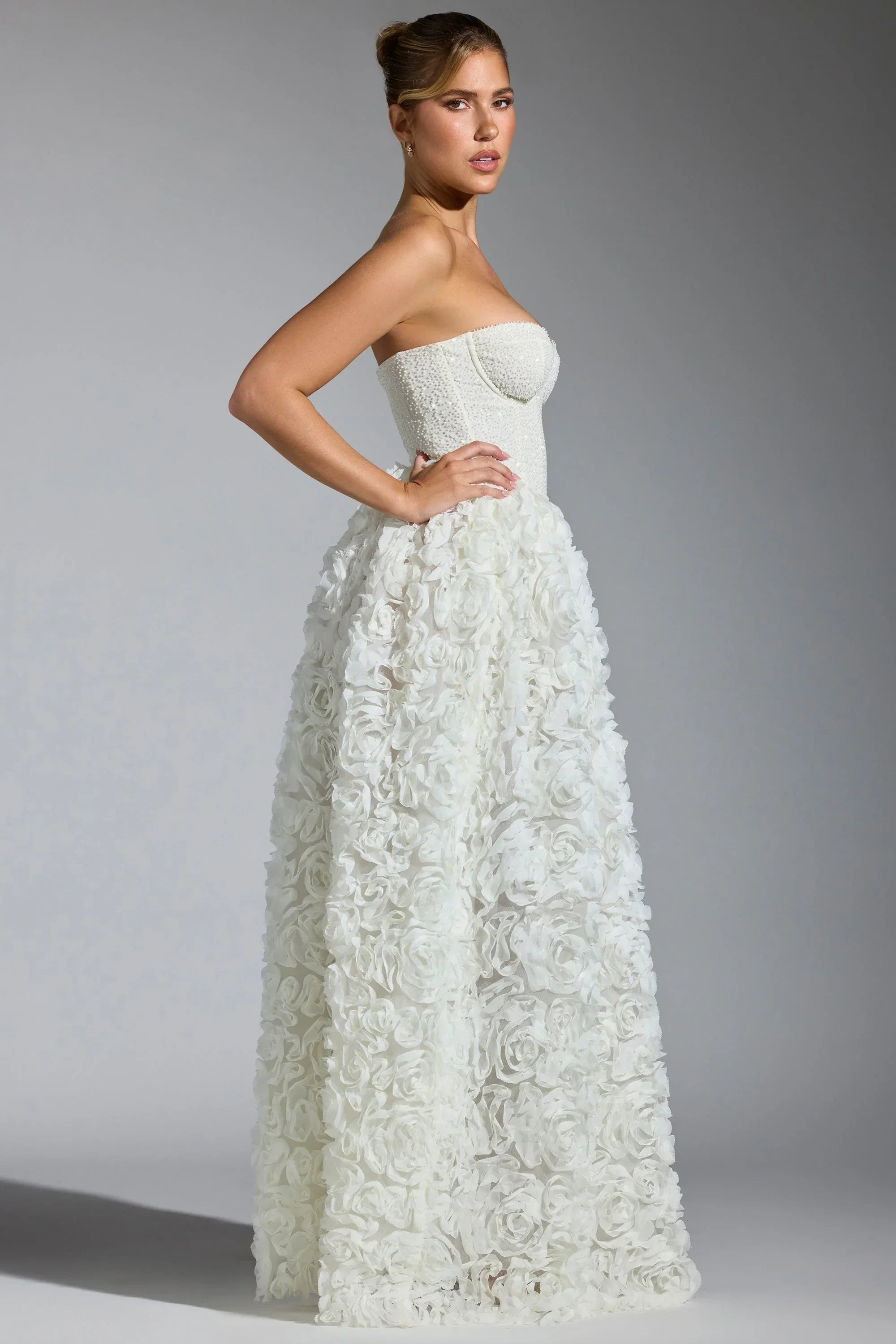Embellished Floral Appliqué Corset Gown in White