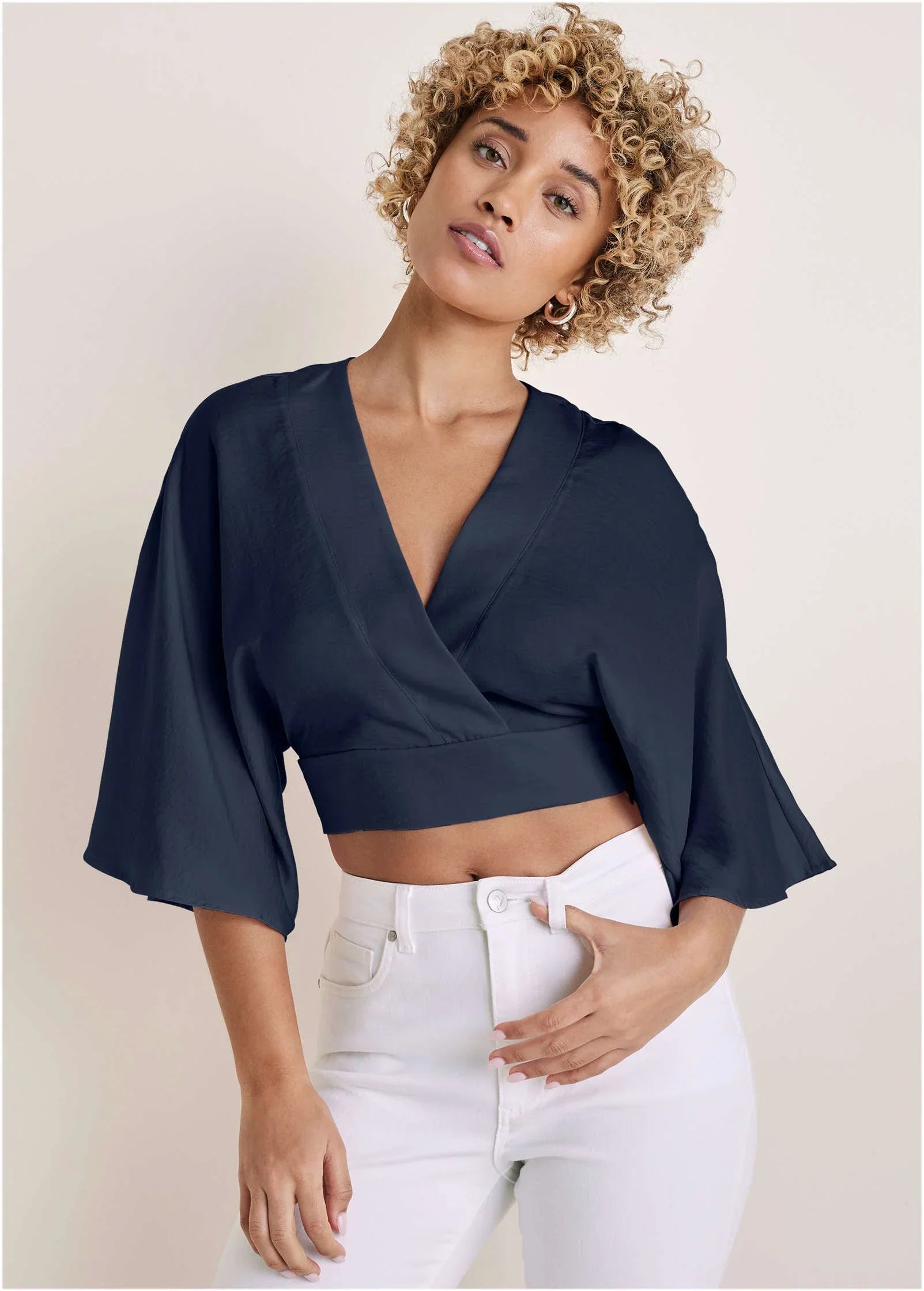 Kimono Sleeve Faux Wrap Top Navy