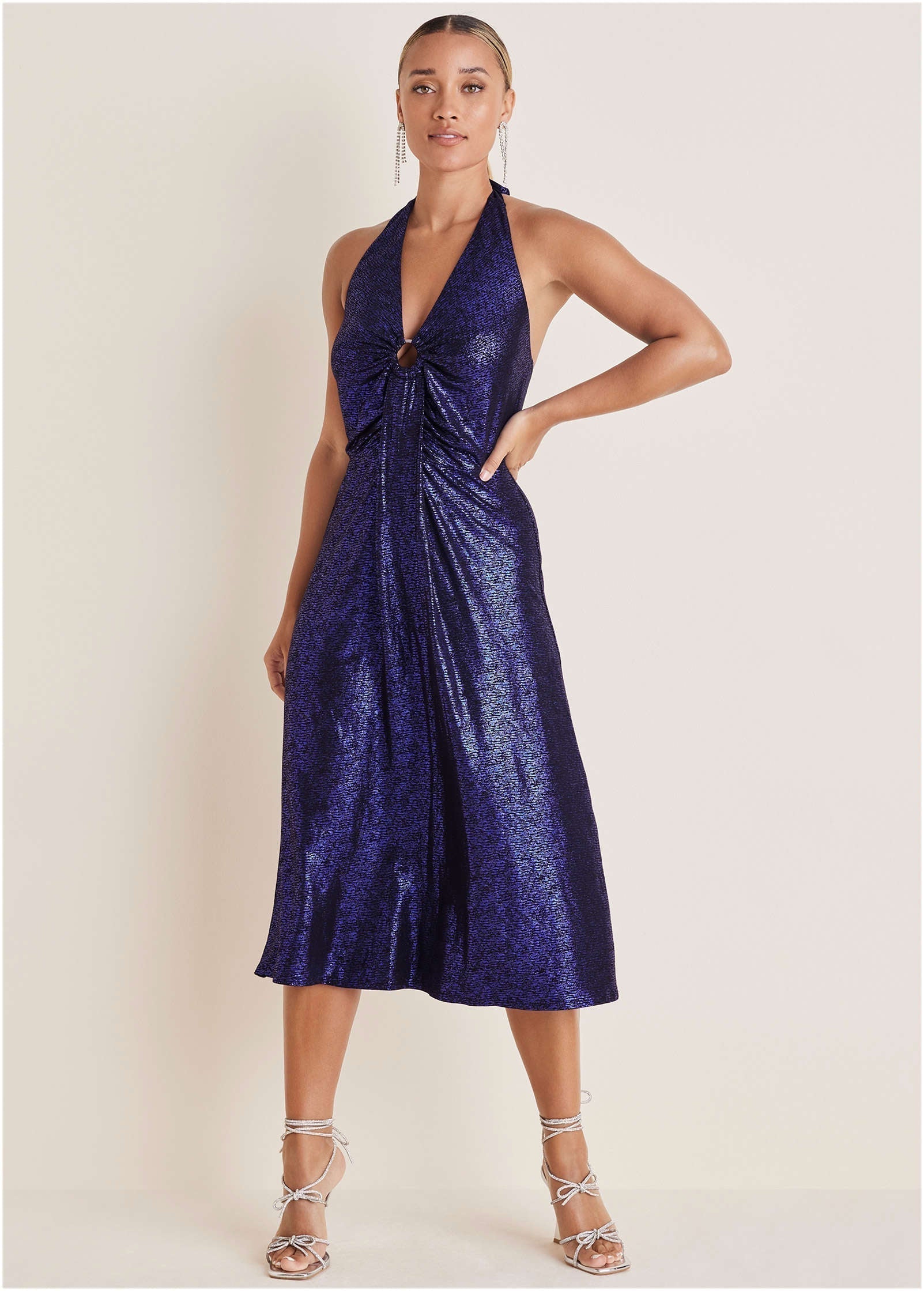 Metallic Halter Midi Dress Deep Blue