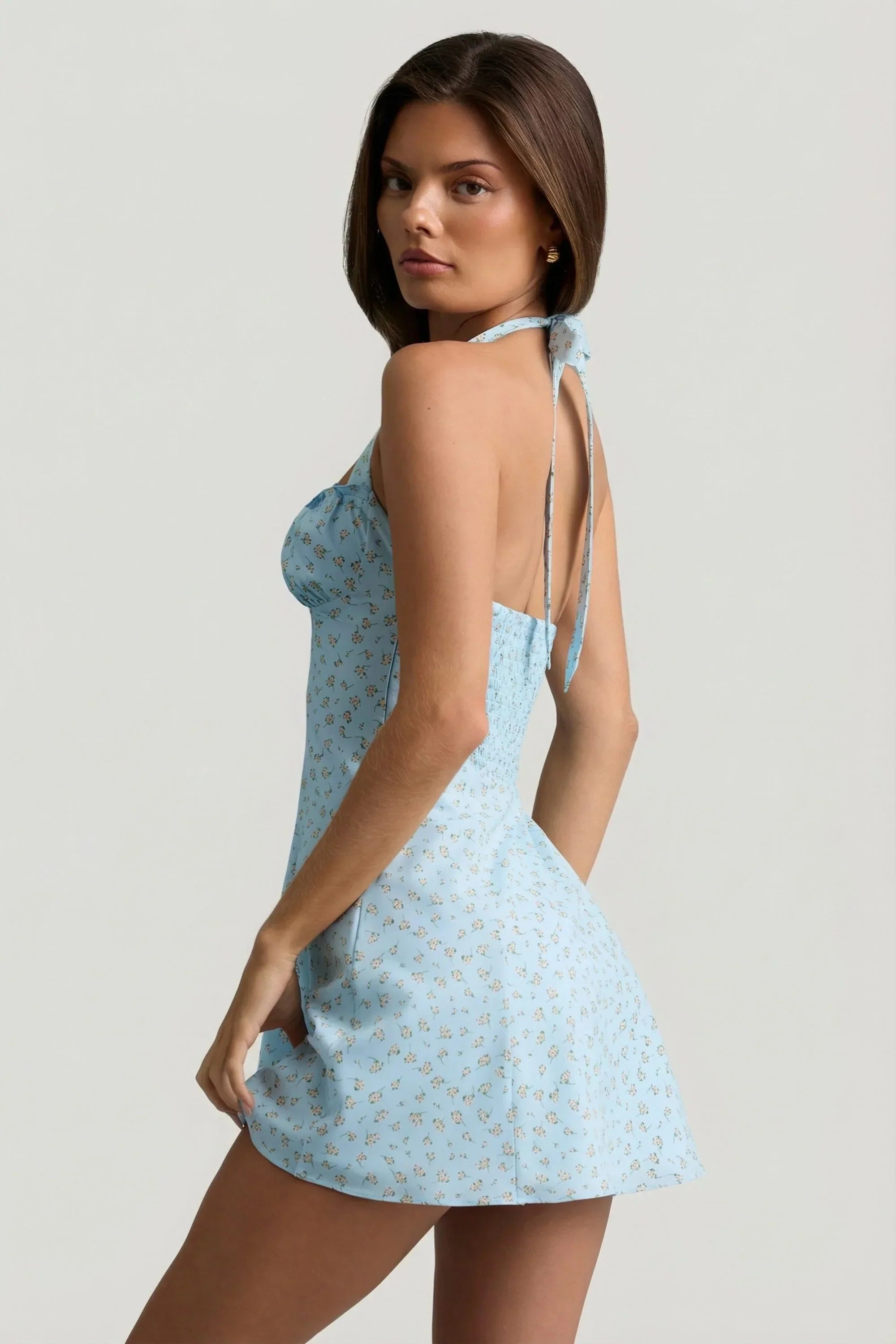Halterneck A Line Mini Dress in Blue Flower Print