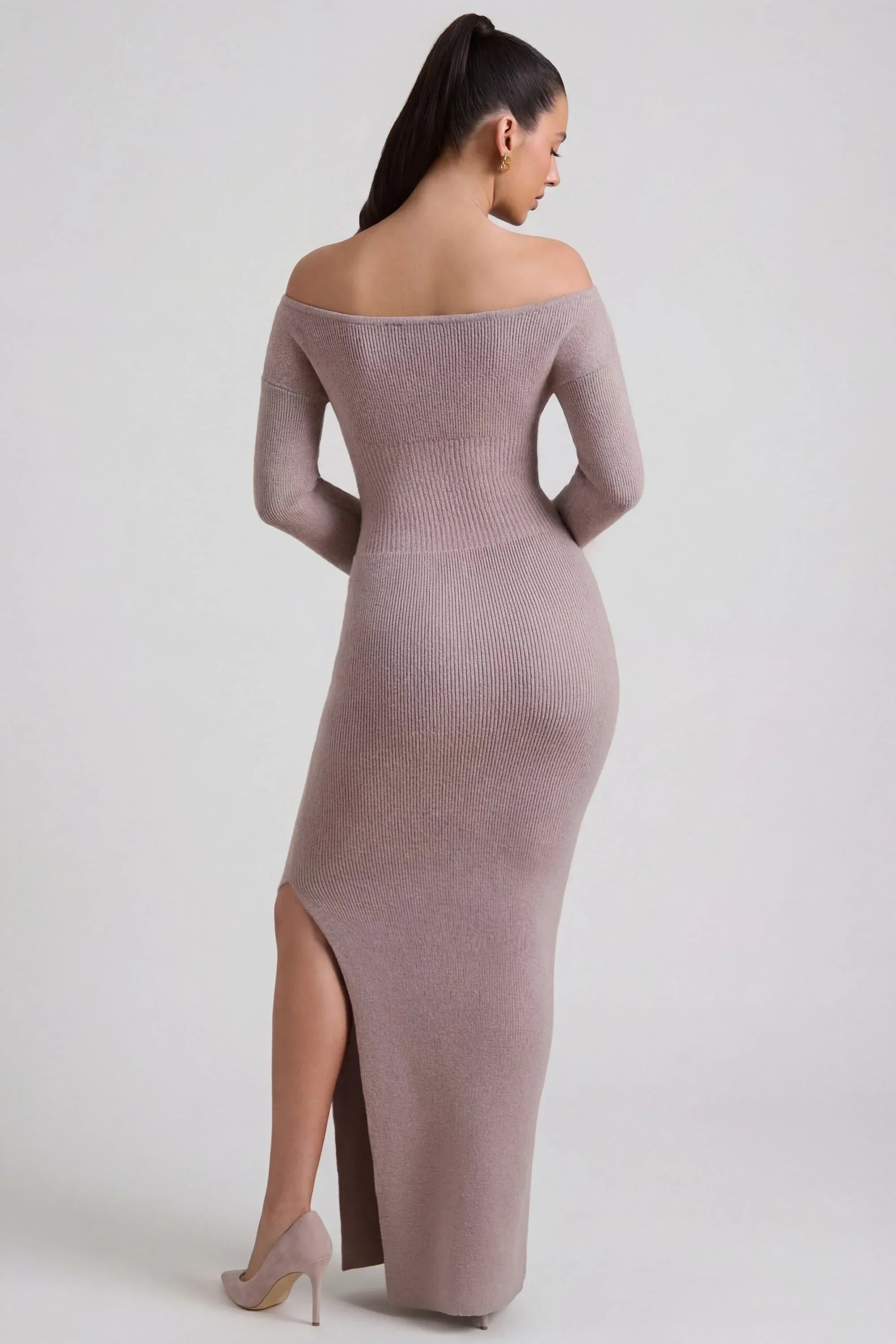 Ribbed Knit Off Shoulder Maxi Dress in Taupe