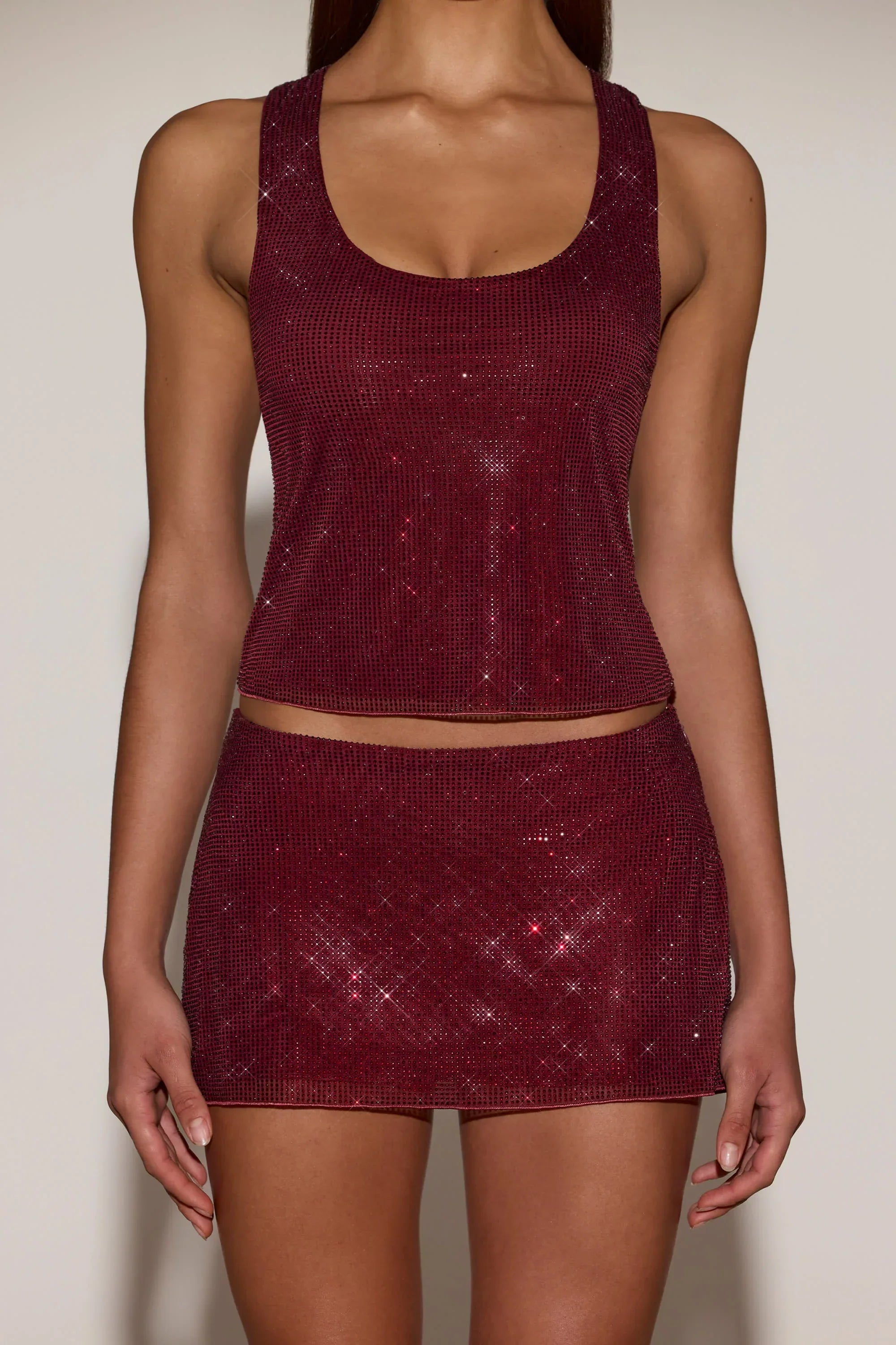 Embellished Mid Rise A Line Mini Skirt in Burgundy