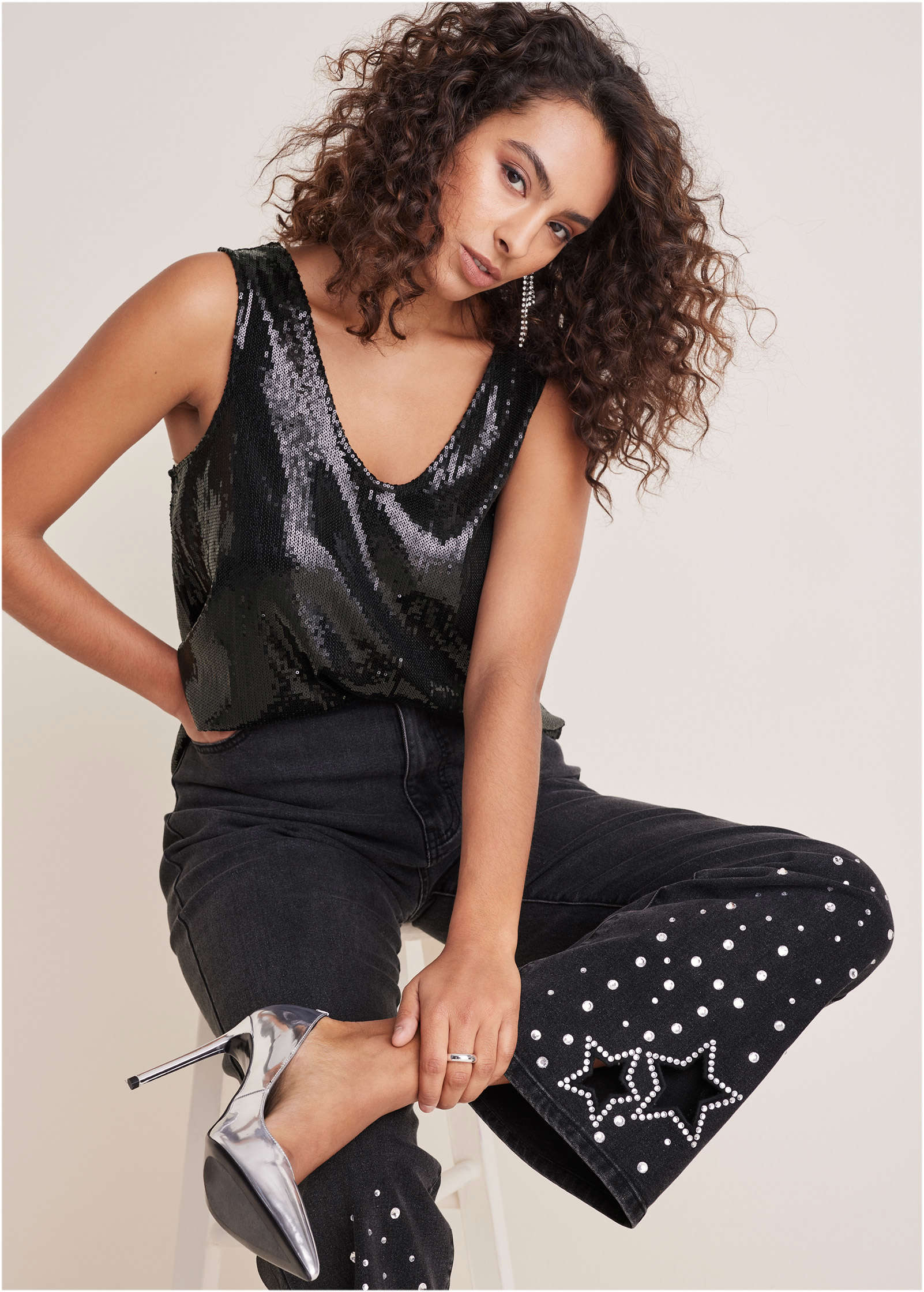 Rhinestone Embellished Jeans Black Wash