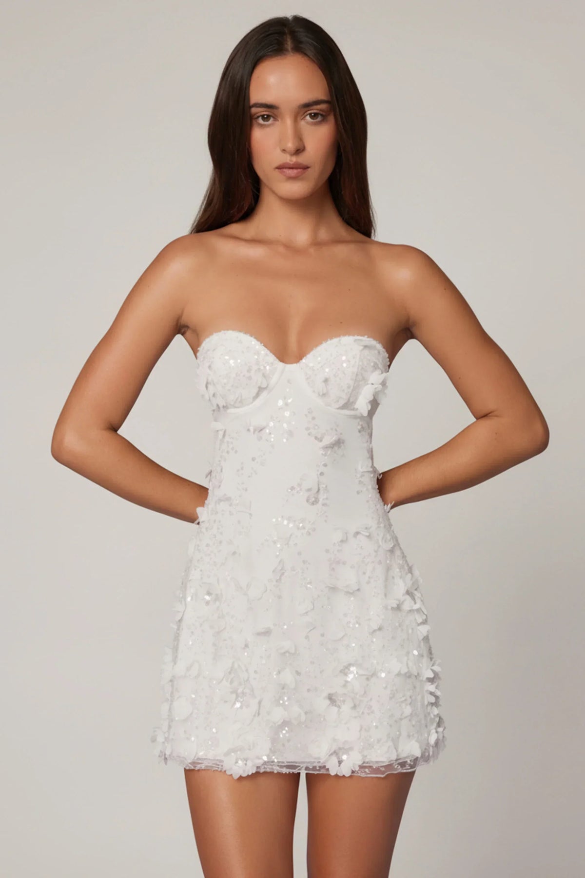 Embellished Bandeau A line Mini Dress in White