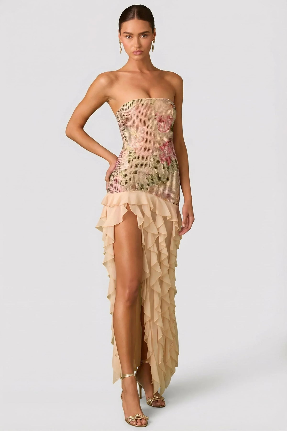 Embellished Ruffle Trim Strapless Gown in Rose Hotfix