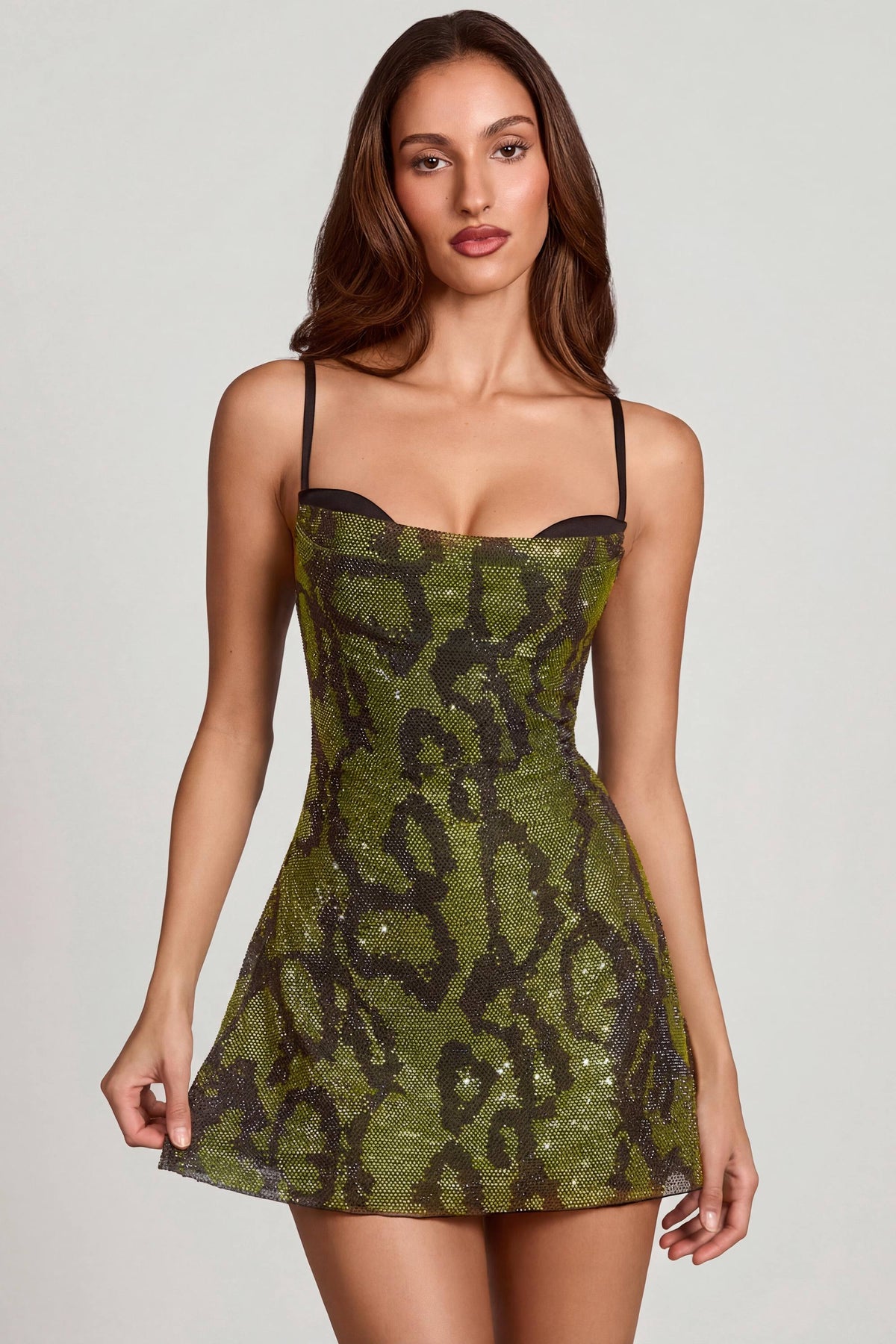 Embellished Cowl Neck A line Mini Dress in Green Snake