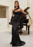 Shadowed Beauty Satin Gown with Neck Scarf Black