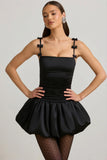 Bow Detail Ruched Bubble Hem Mini Dress in Black