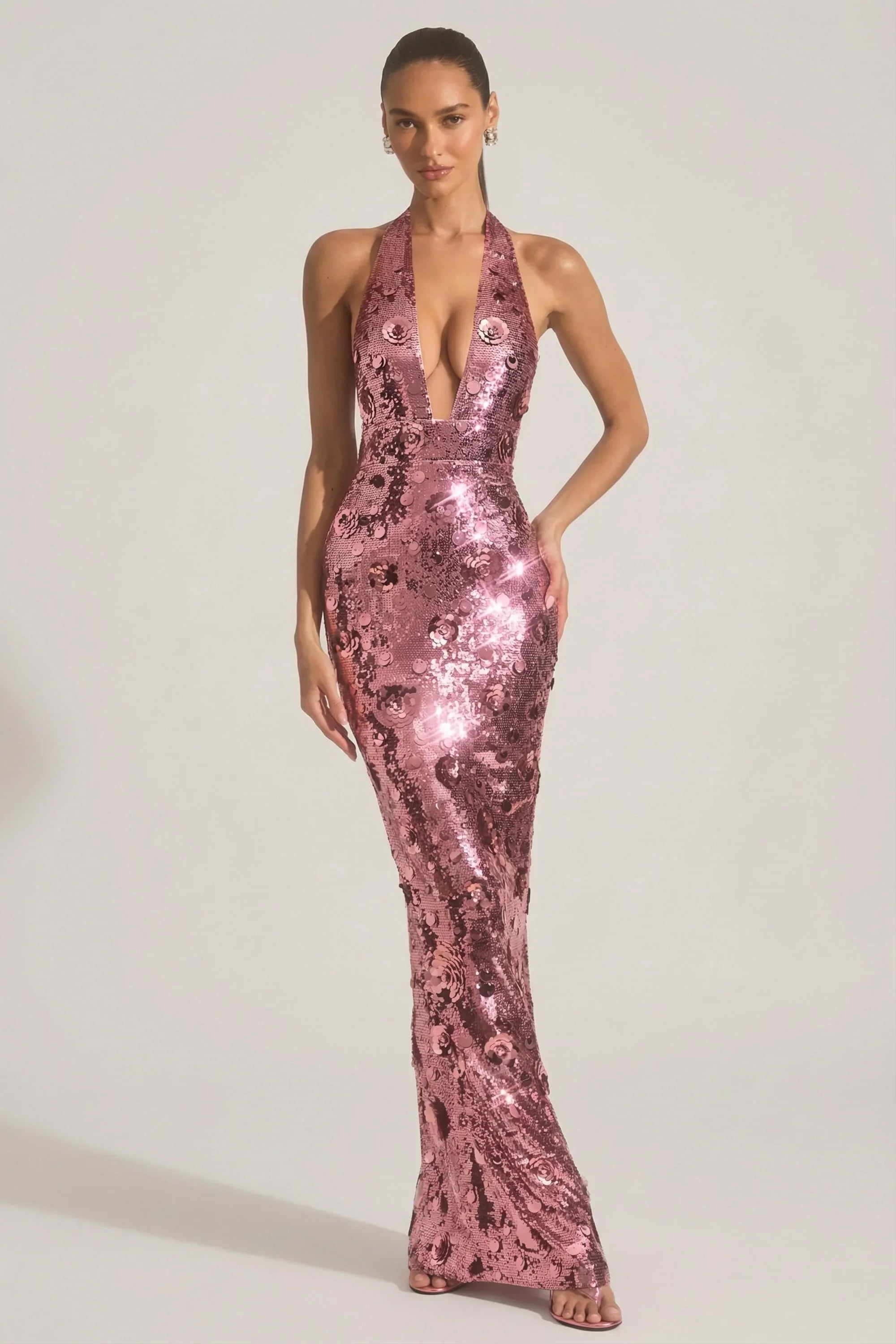 Sequin Embellished Halterneck Maxi Dress in Pink