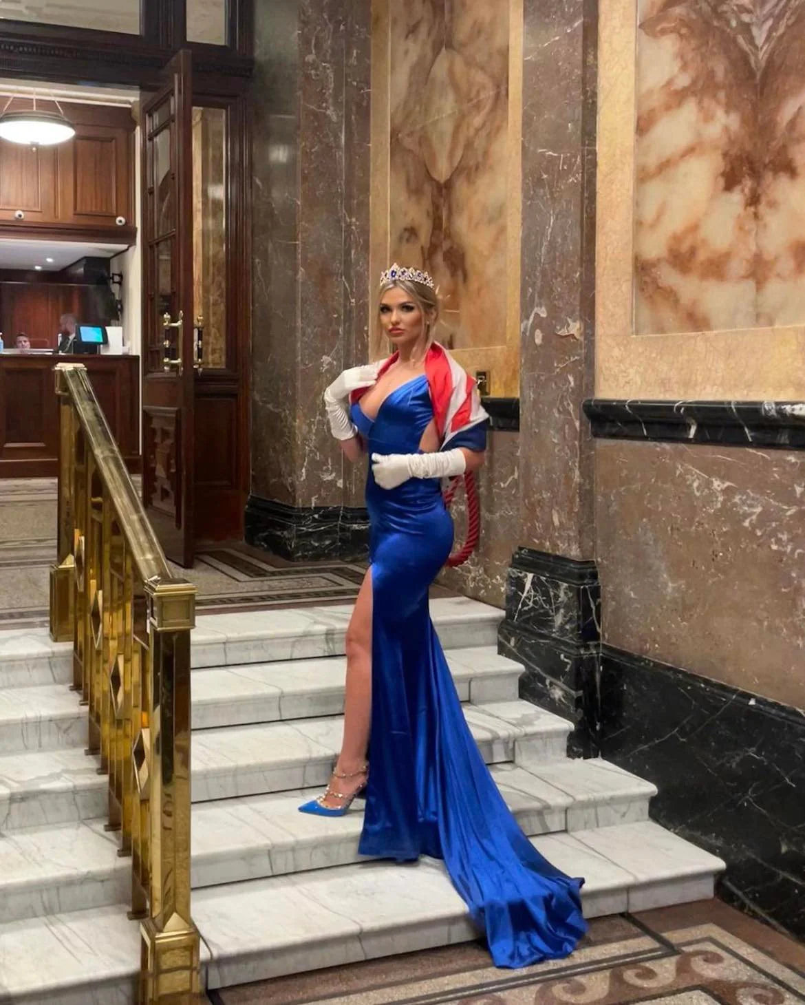 Touch of Glamour Satin Gown with Side Slit Cobalt Blue