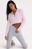 Ribbed Knit Quarter Zip Cropped Jumper in Powder Pink