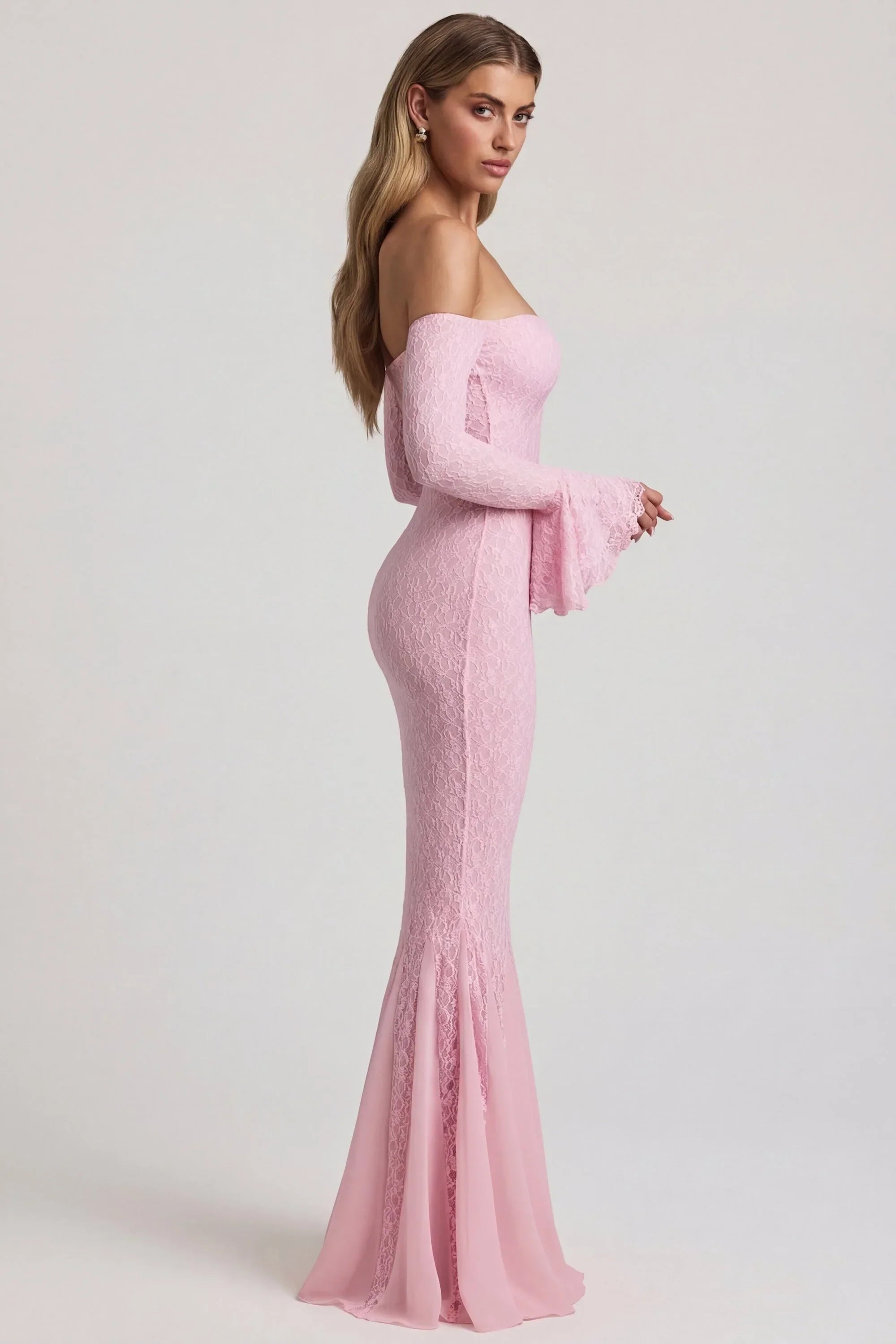 Off Shoulder Ruffle Lace Maxi Dress in Soft Pink