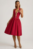 Halterneck Bow Detail Midi Dress in True Red