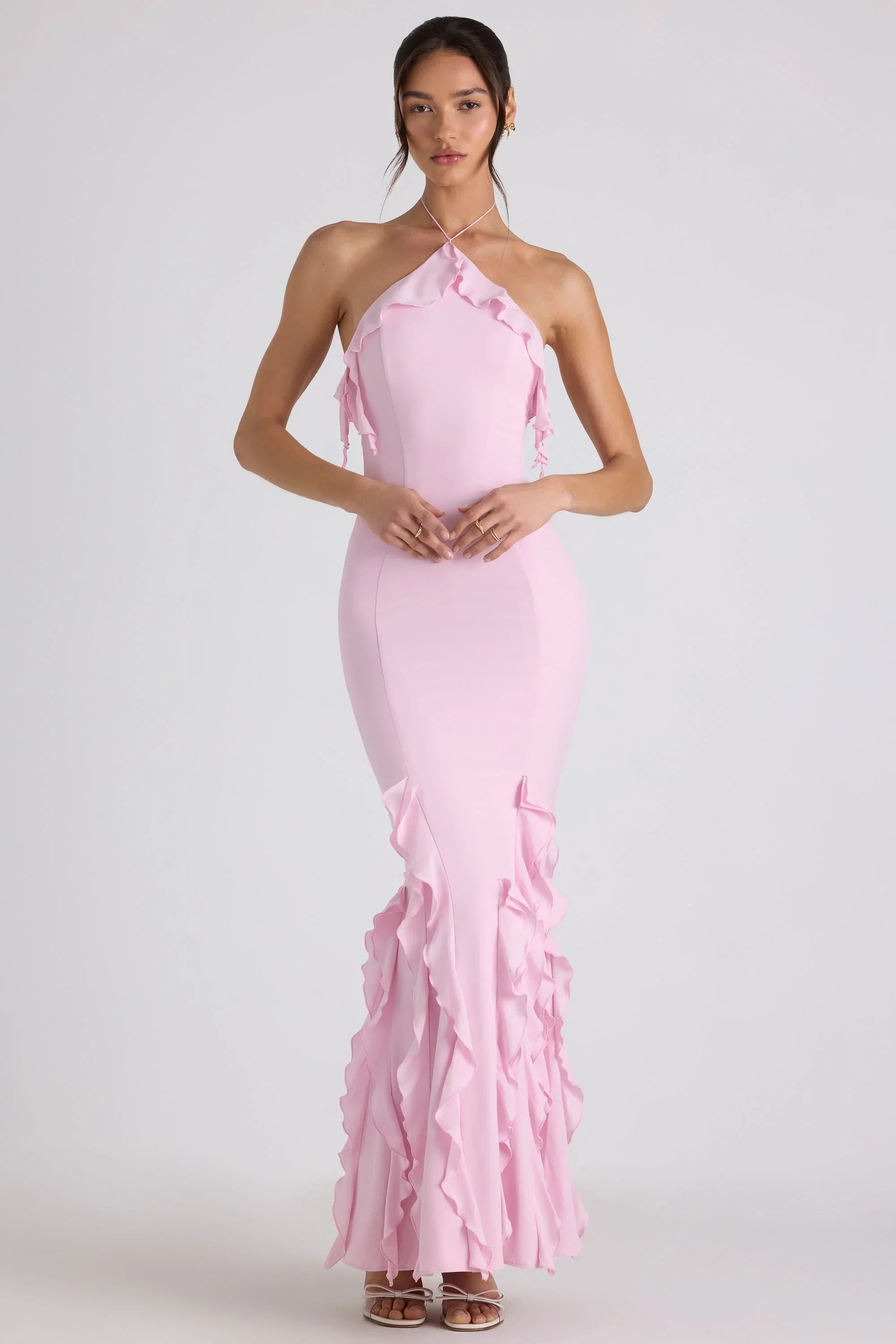 Ruffle Trim Halterneck Gown in Soft Pink