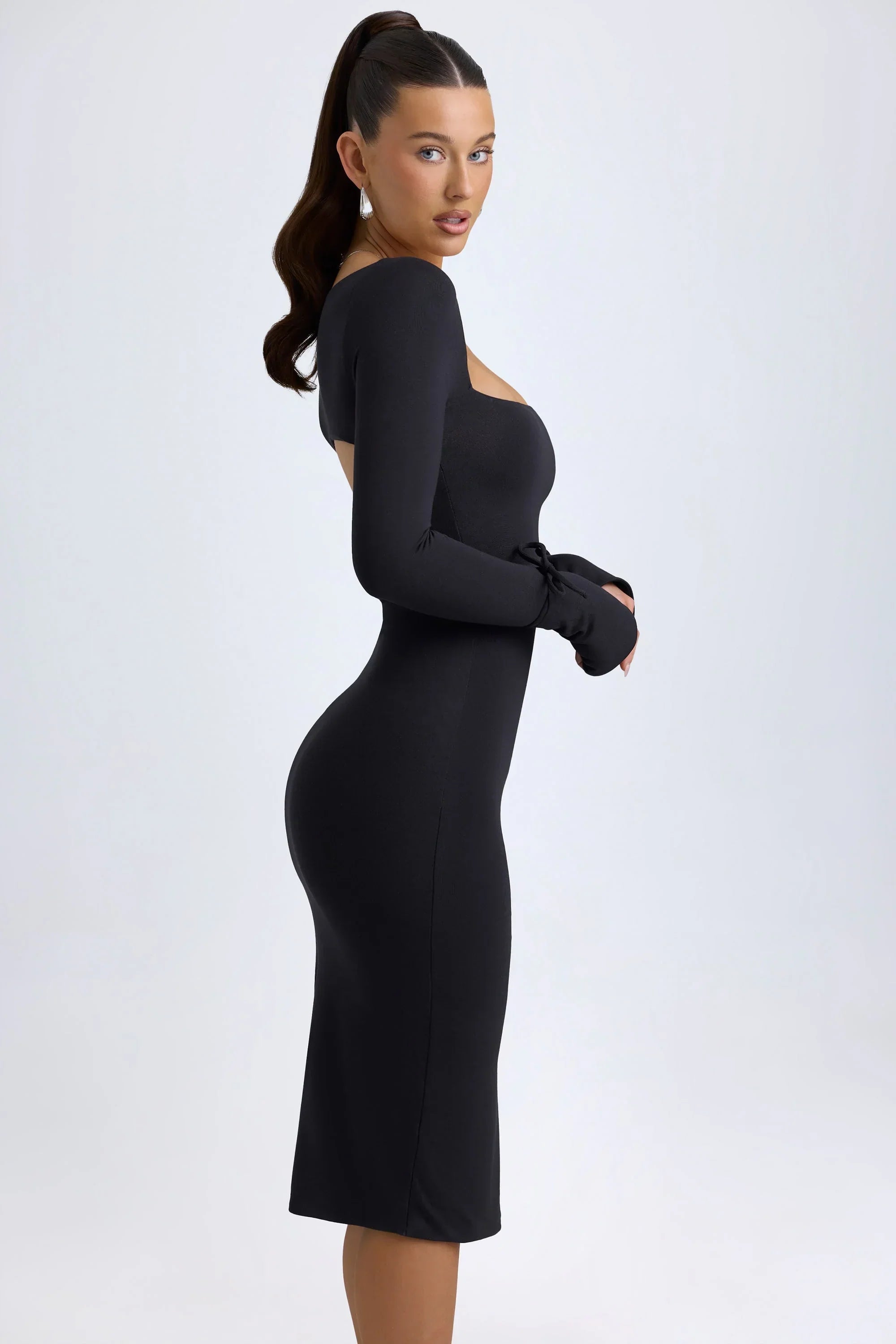 Modal Square Neck Long Sleeve Midi Dress in Black