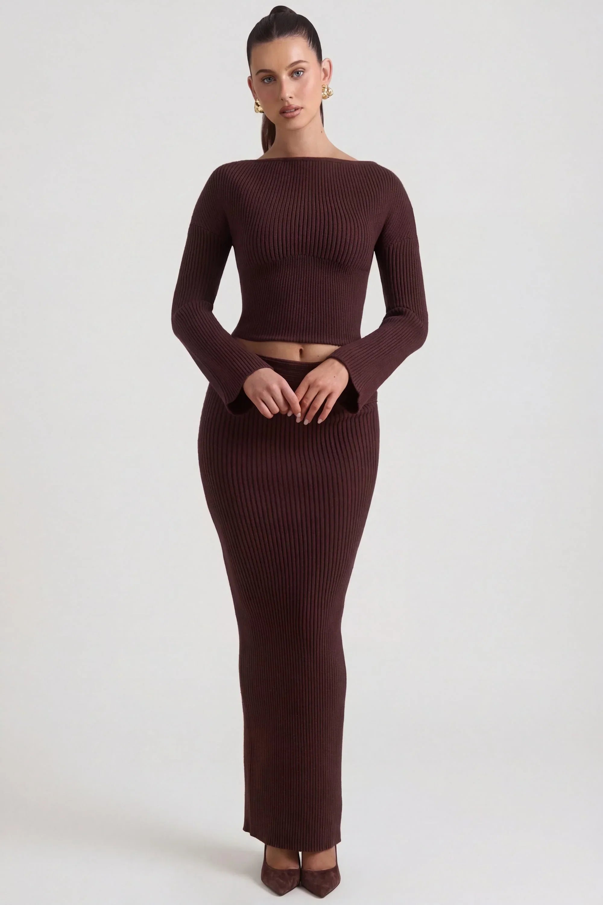 Ribbed Knit Foldover Maxi Skirt in Espresso