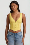 Plunge Neck Scalloped Corset Top in Pastel Yellow