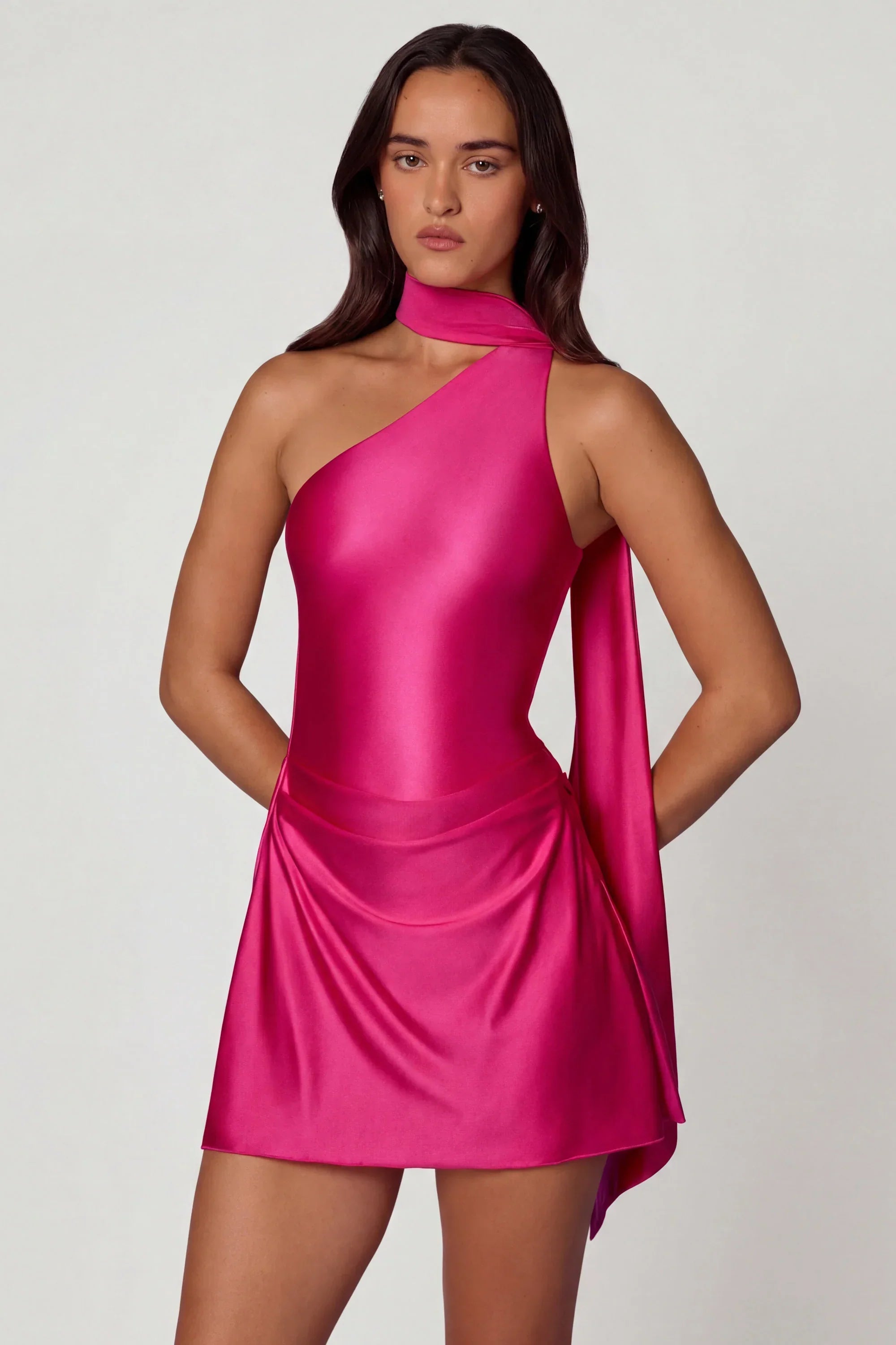 Asymmetric Scarf Detail Mini Dress in Hot Pink