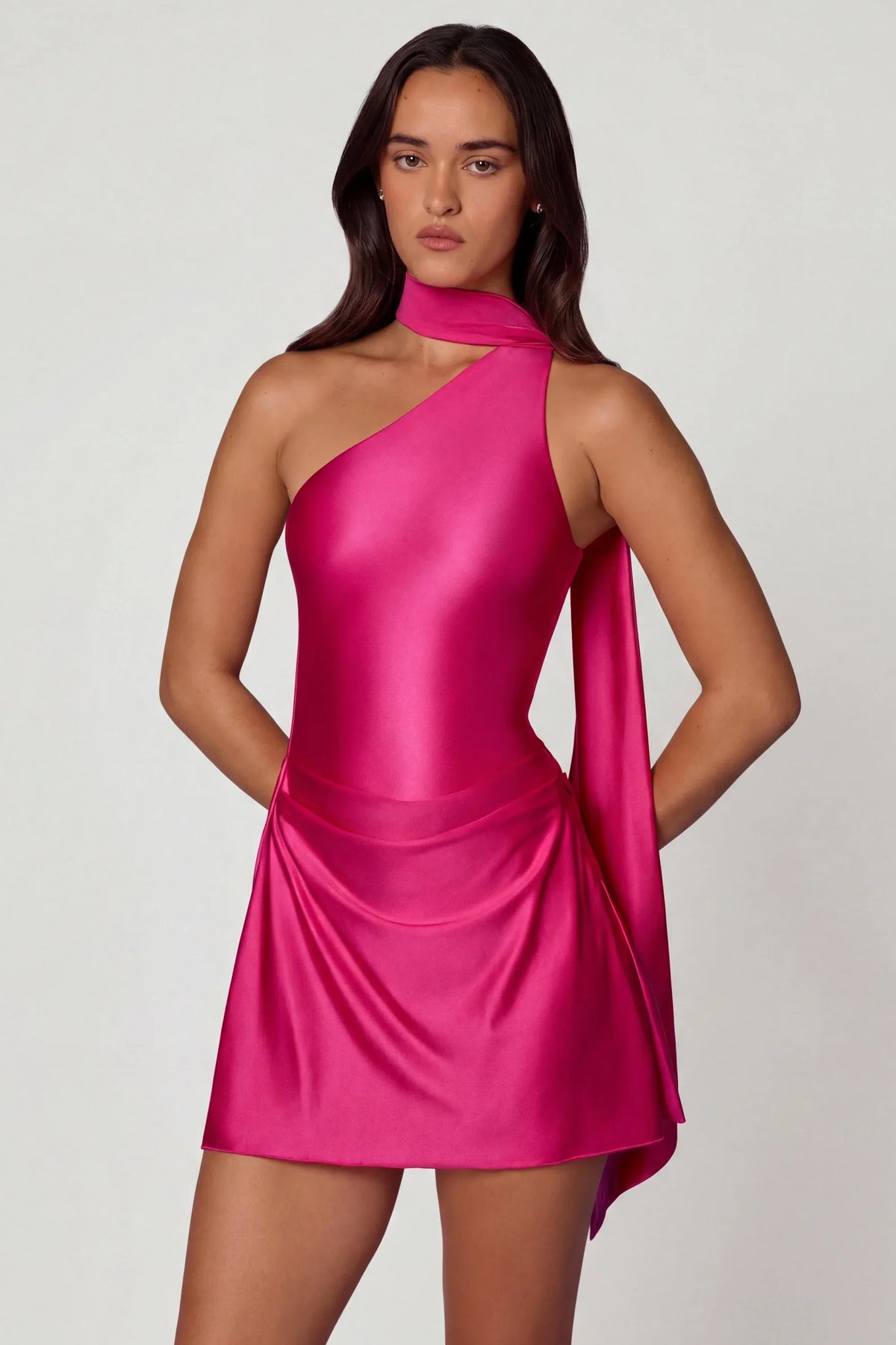 Asymmetric Scarf Detail Mini Dress in Hot Pink
