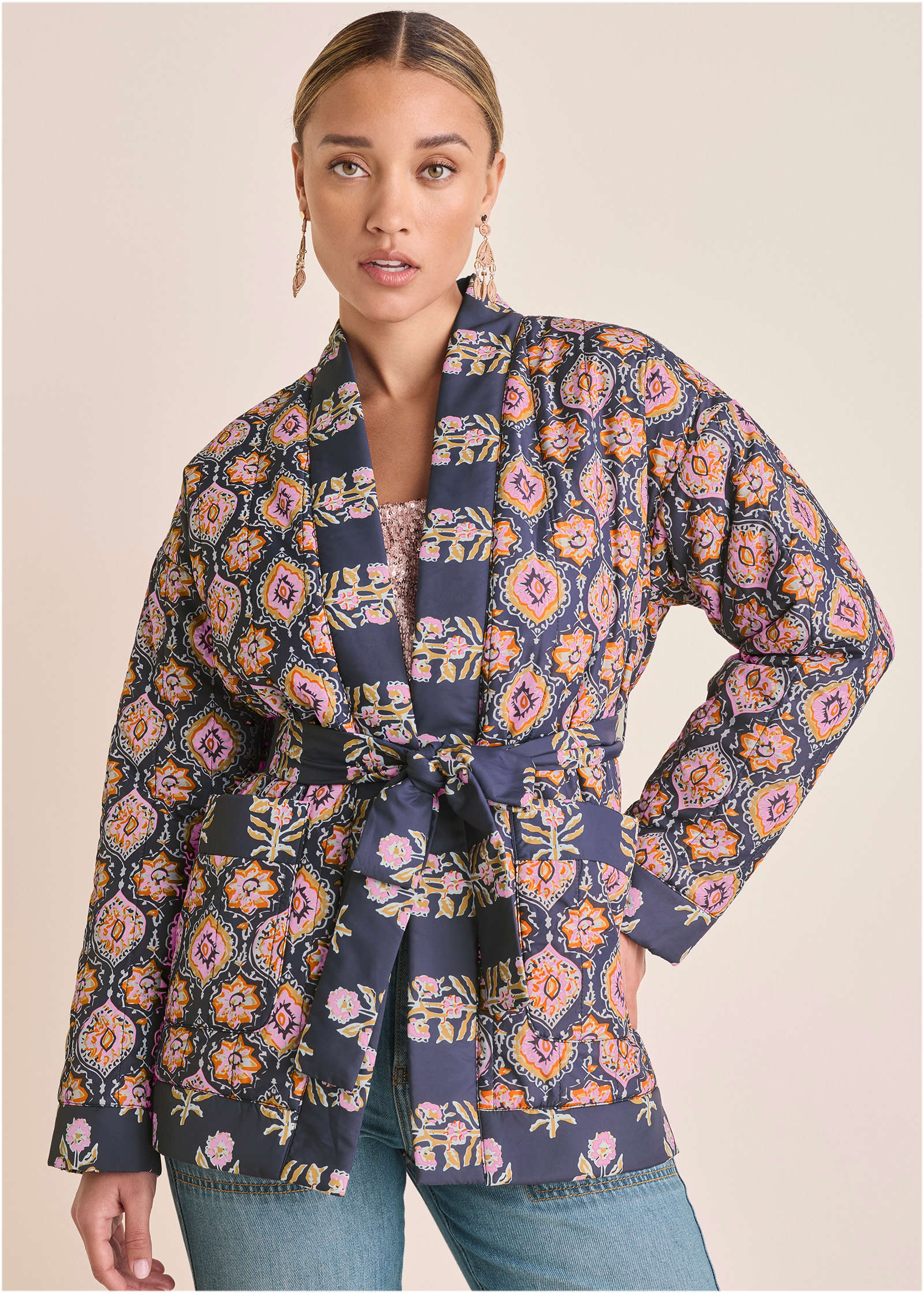 Quilted Jacket With Tie Blue Pink
