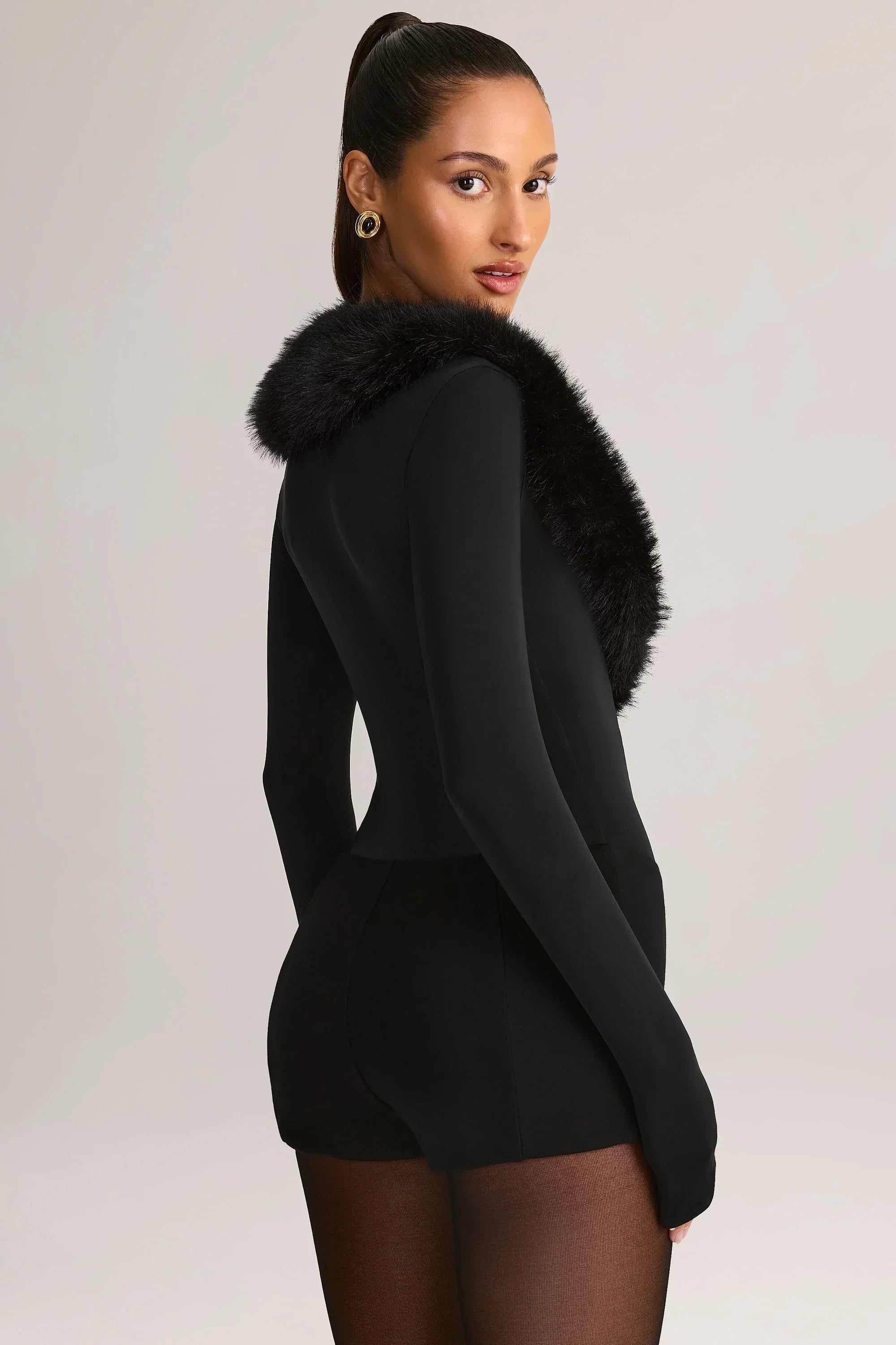 Faux Fur Trim Corset Playsuit in Black