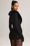 Faux Fur Trim Corset Playsuit in Black