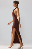 Jersey Cowl Neck Backless Maxi Dress in Espresso