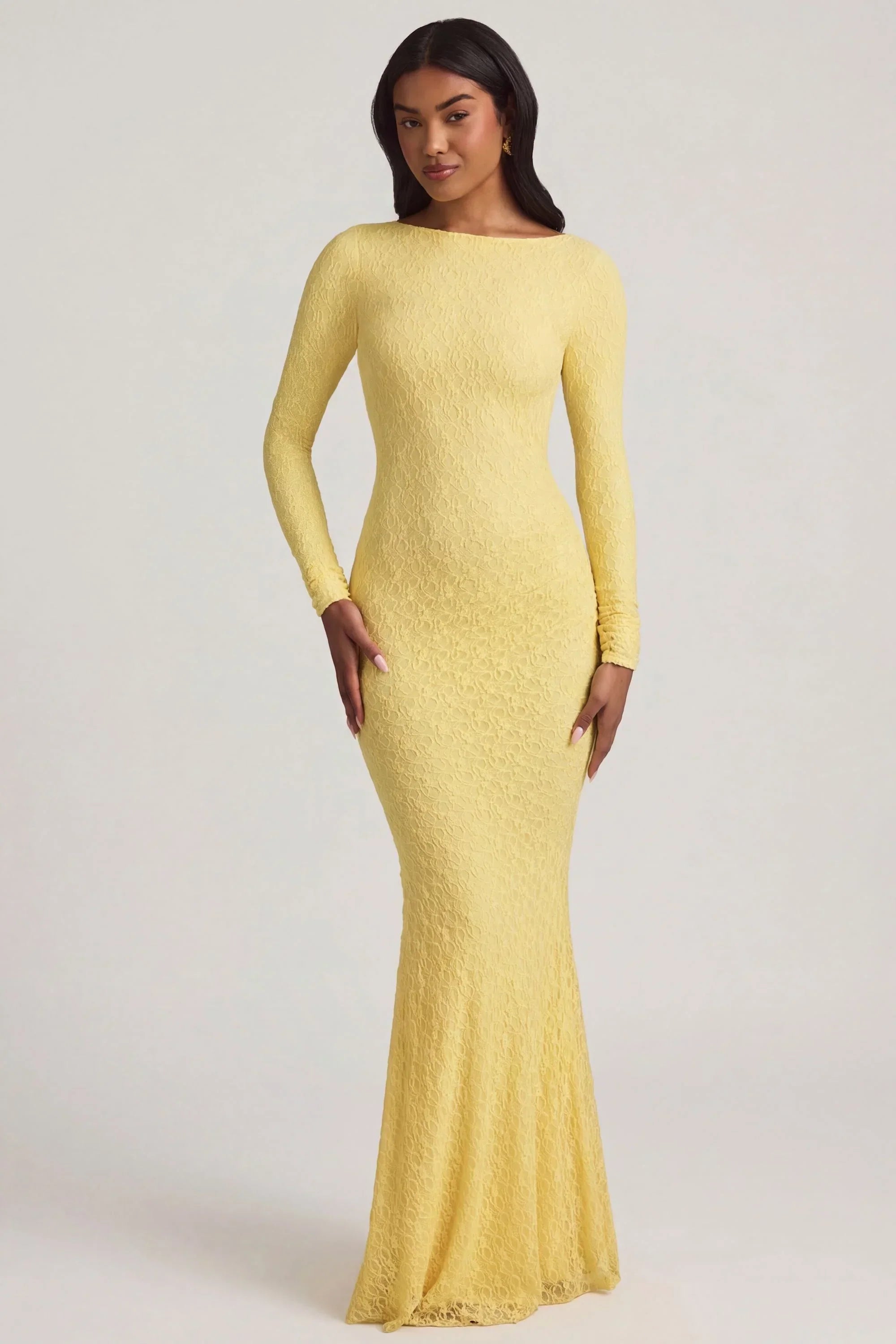 Ruched Backless Lace Maxi Dress in Pastel Yellow