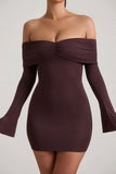 Modal Cashmere Blend Off Shoulder Ruched Mini Dress in Espresso