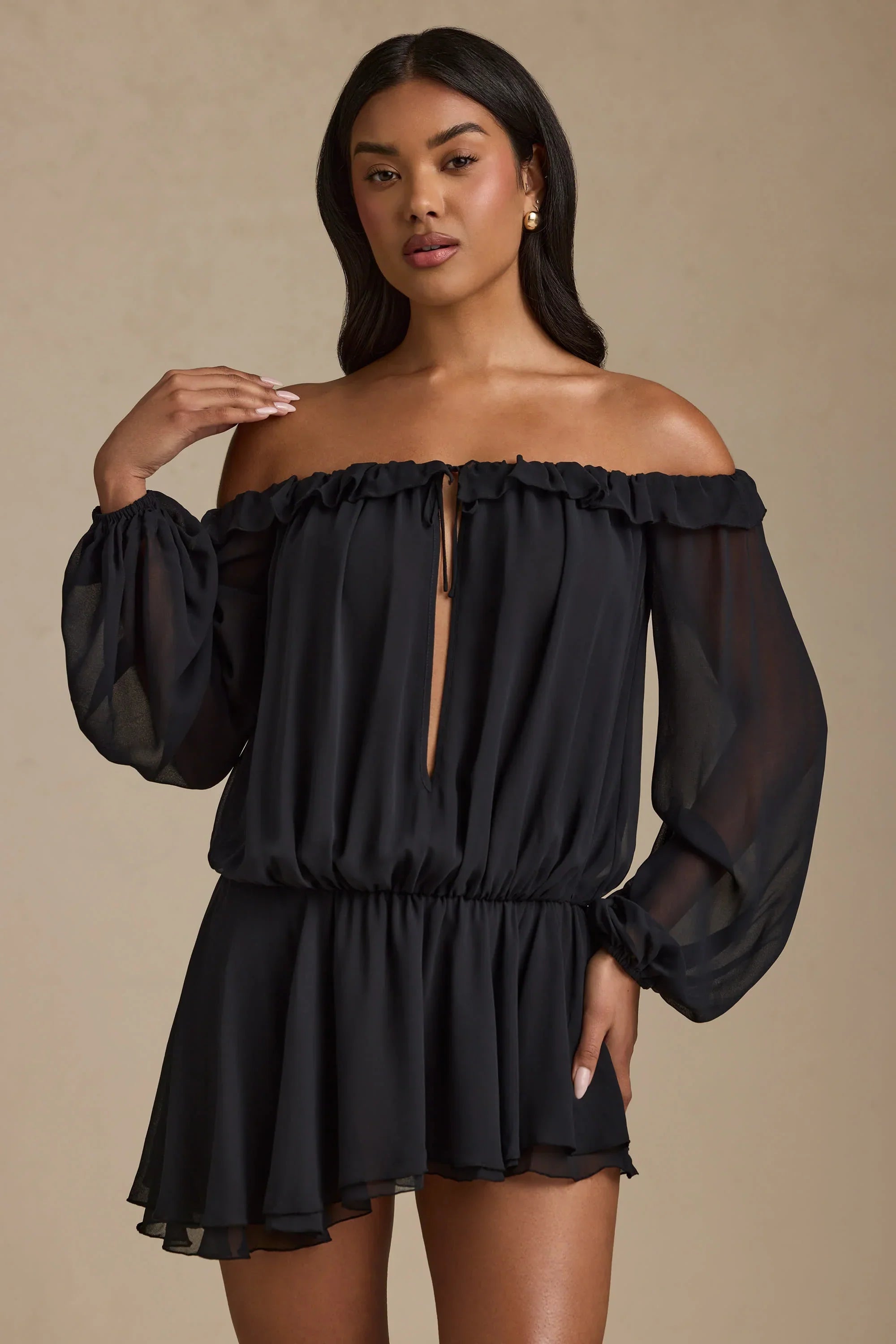 Off Shoulder Asymmetric Balloon Sleeve Mini Dress in Black