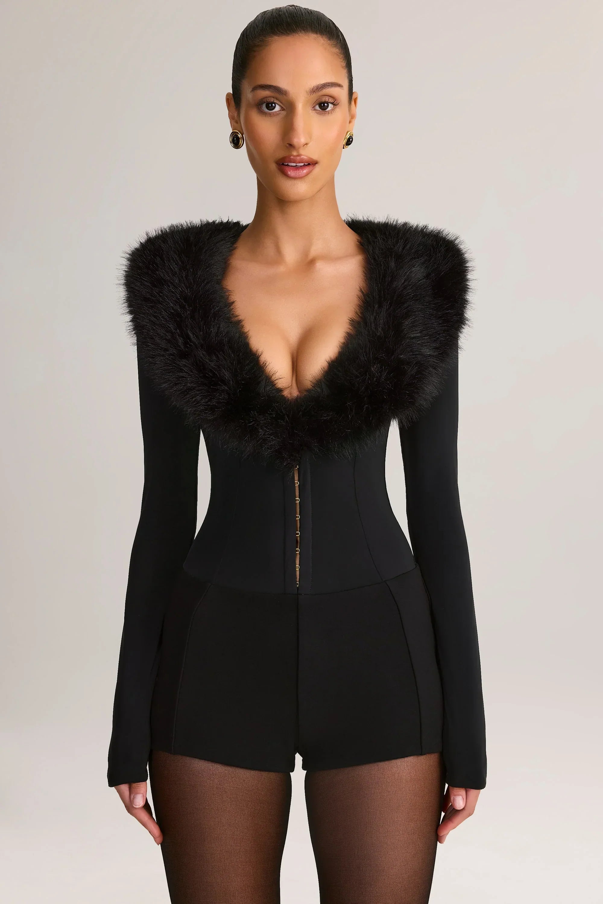 Faux Fur Trim Corset Playsuit in Black