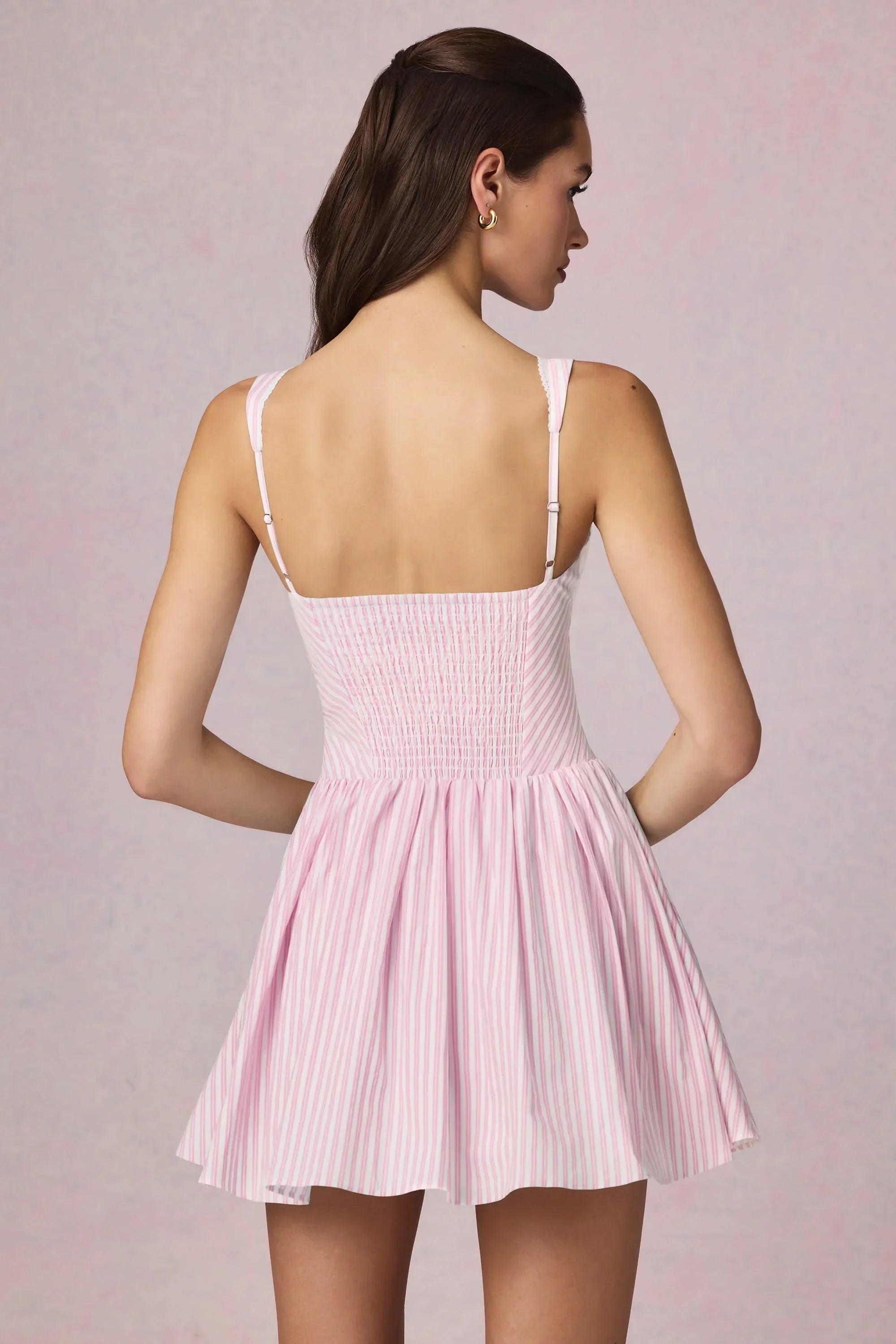 Bow Detail A Line Mini Dress in Soft Mauve Stripe