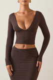 Modal Plunge Long Sleeve Top in Chocolate Brown