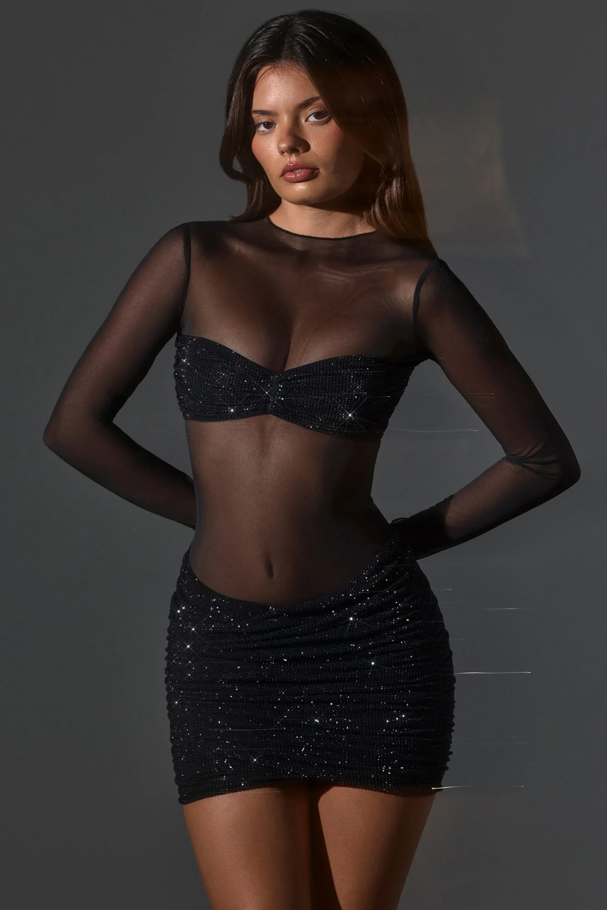 Sheer Embellished High Neck Long Sleeve Mini Dress in Black