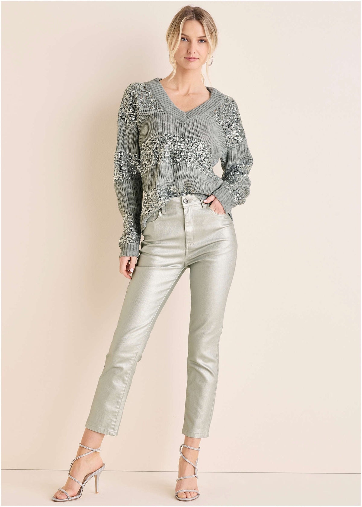 Sequin V Neck Sweater Light Heather Grey