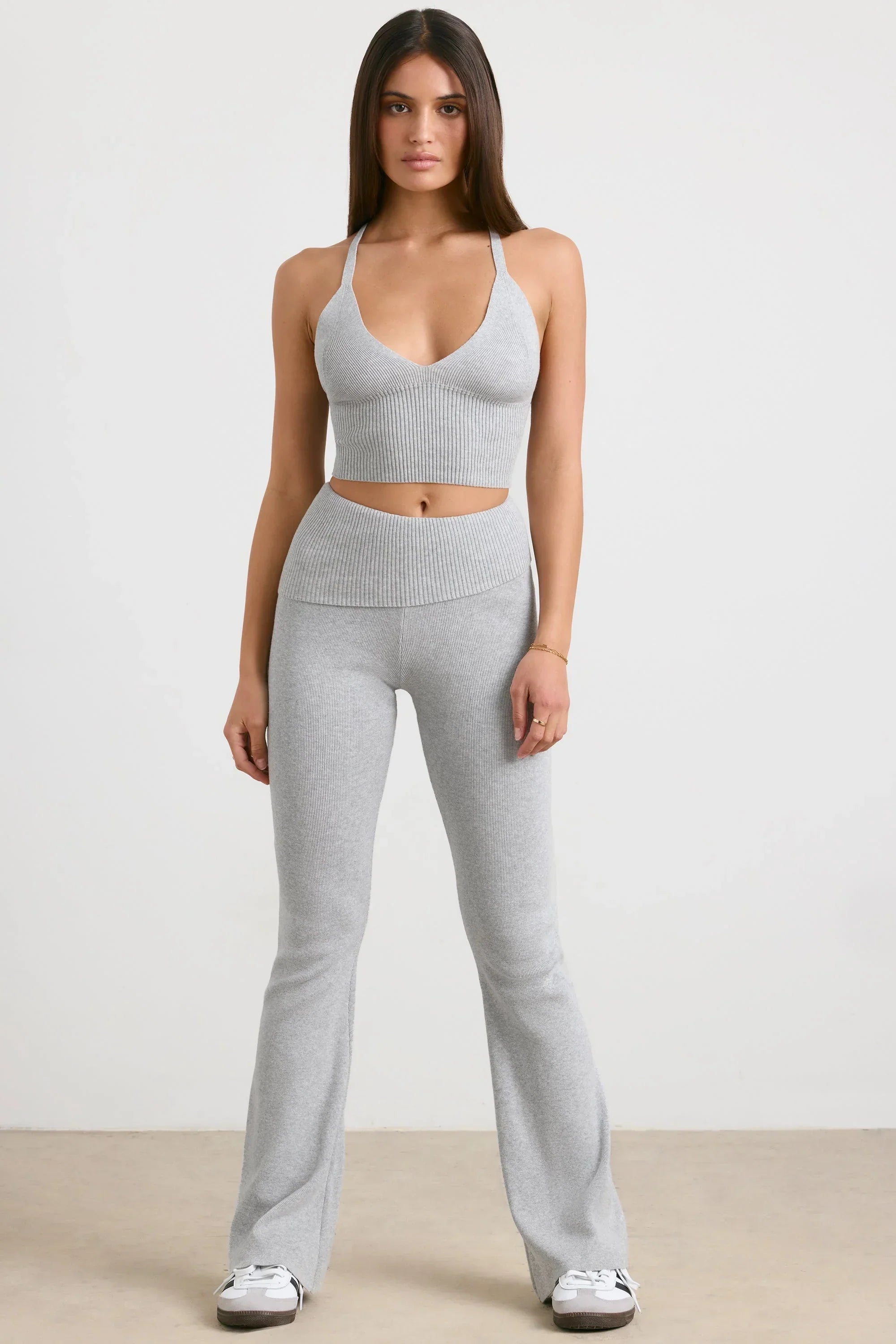 Chunky Knit Foldover Kick Flare Trousers in Grey Marl