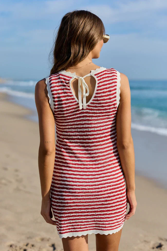 Red Stripe Crochet Cover Up Dress