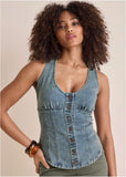 Denim Button Front Top Light Wash