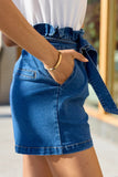 Whats New Dark Wash Paperbag Waist Belted Denim Shorts