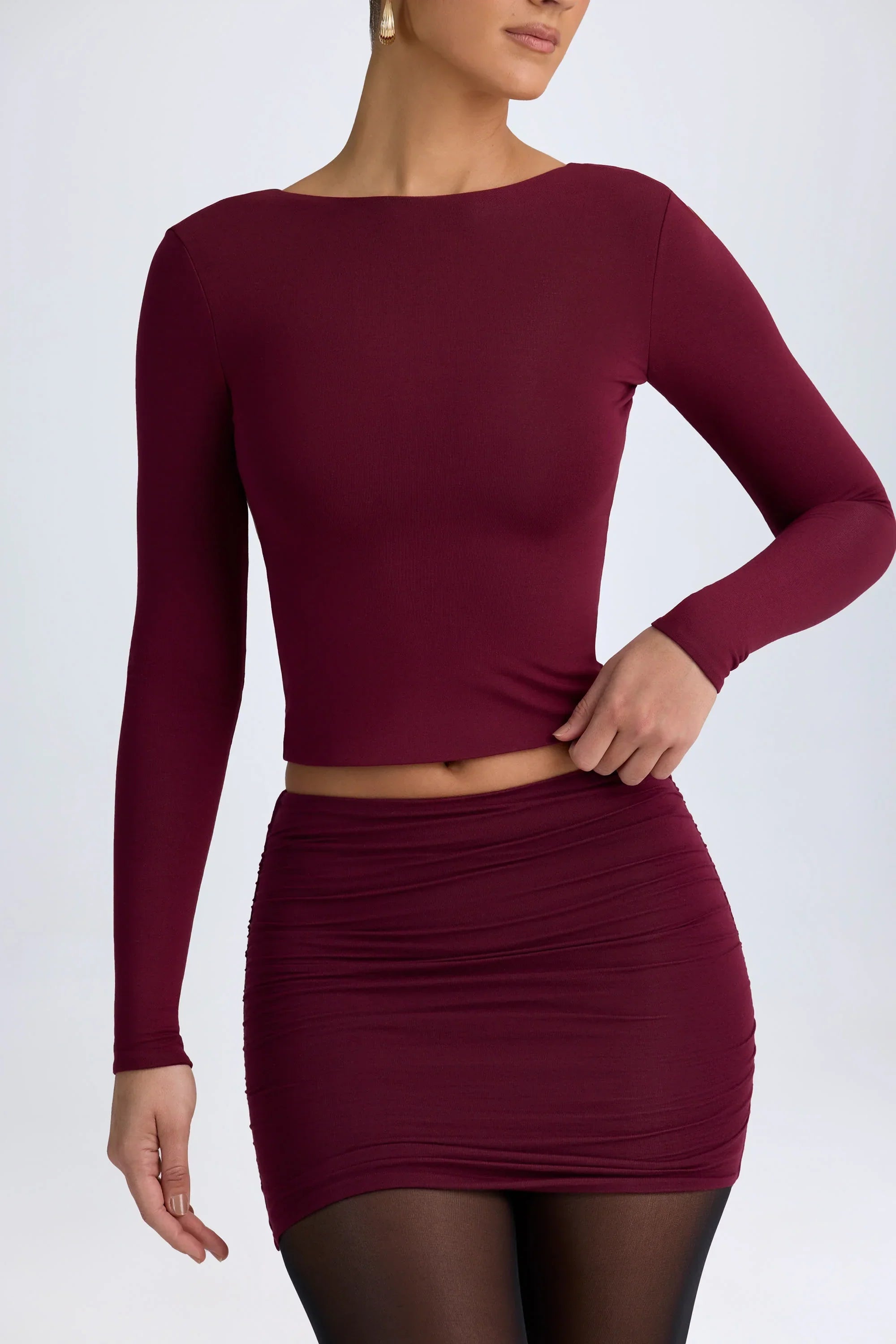 Modal High Neck Long Sleeve Open Back Top in Wine Red