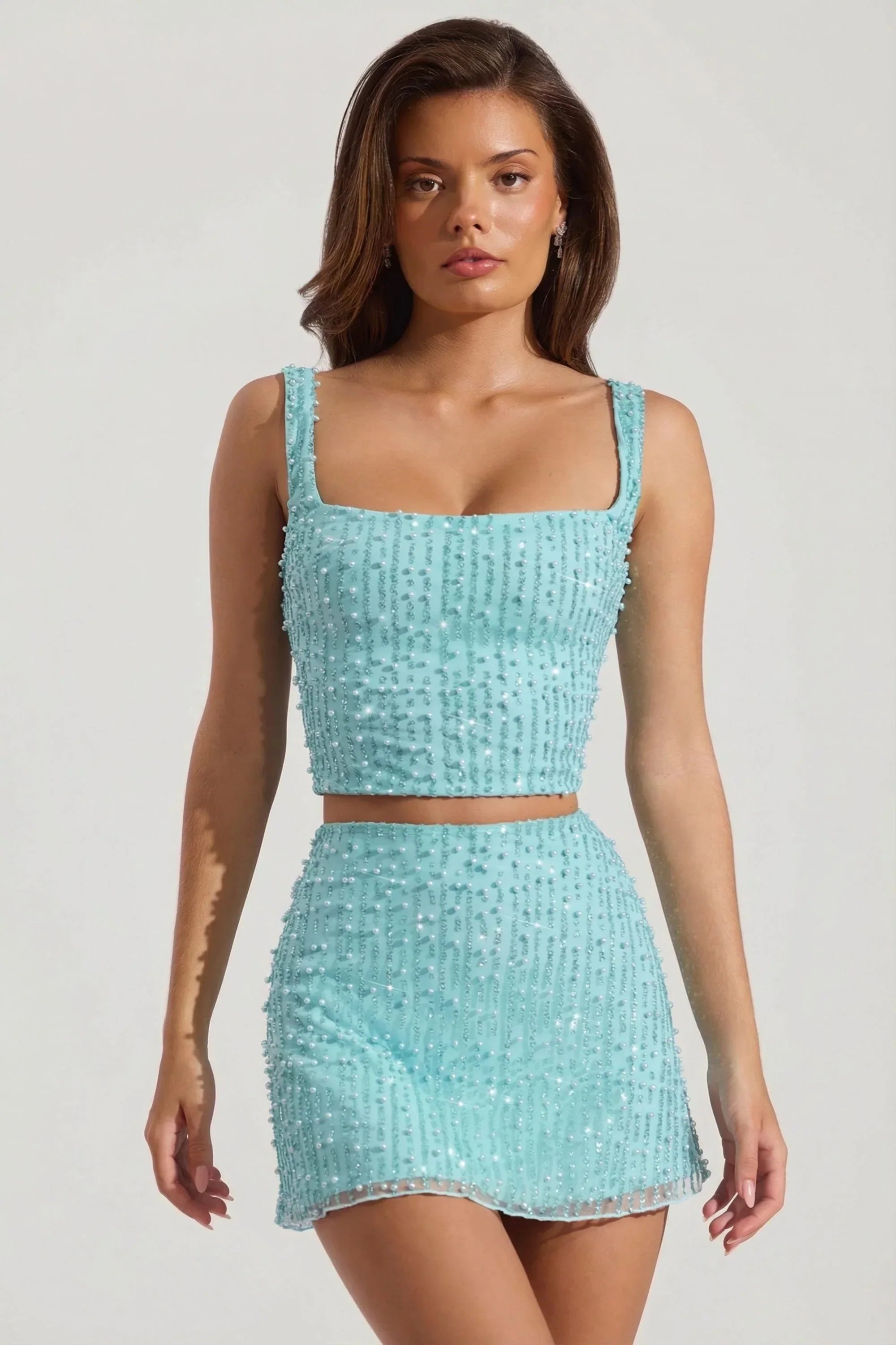 Embellished Low Rise Mini Skirt in Aqua Blue