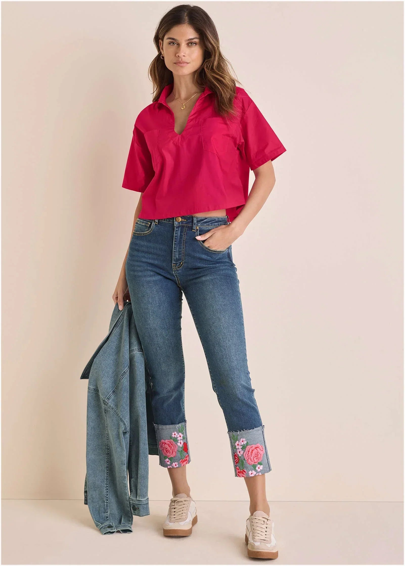 Embroidered Crop Jean Medium Wash