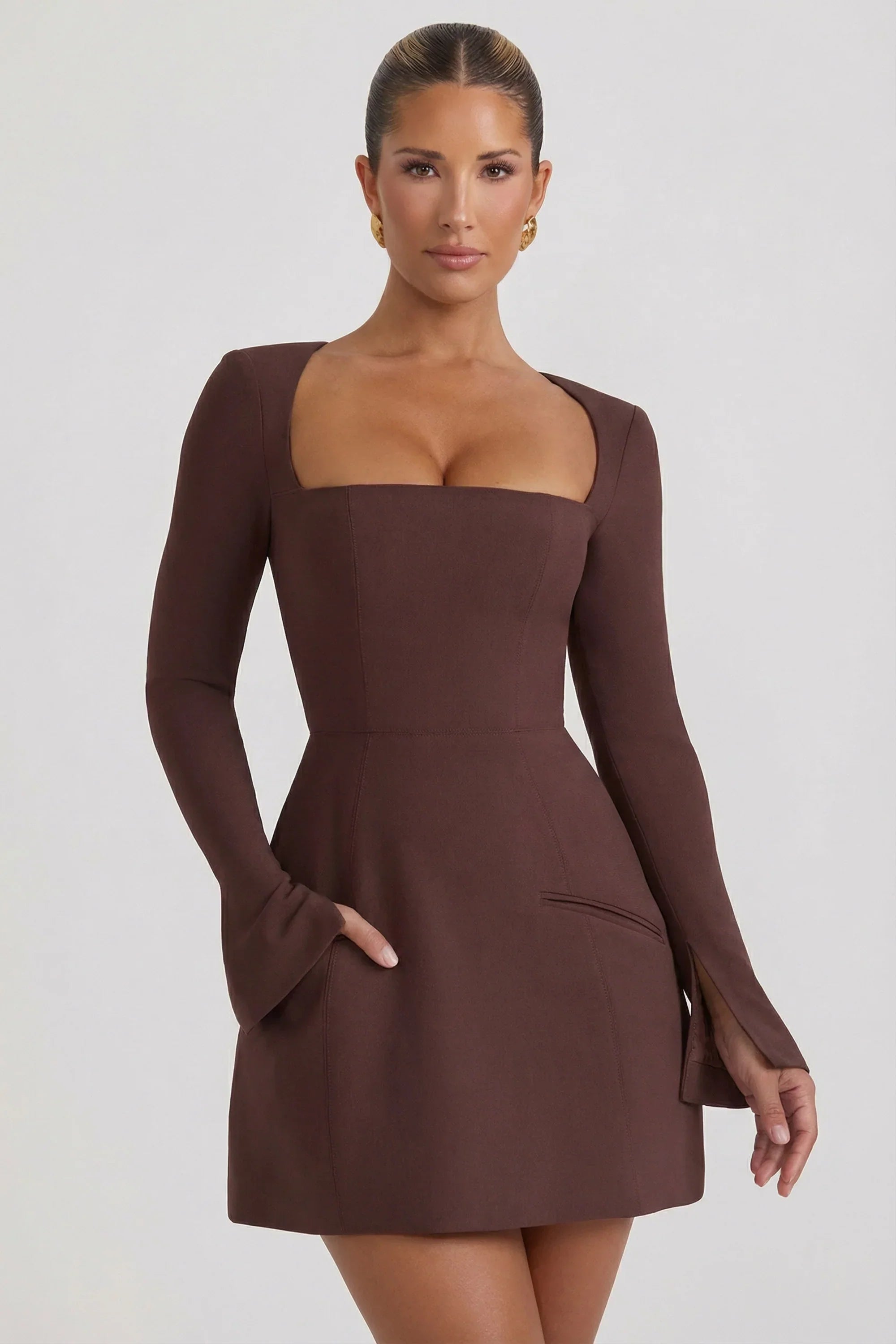 Square Neck Structured Tulip Mini Dress in Chocolate Brown