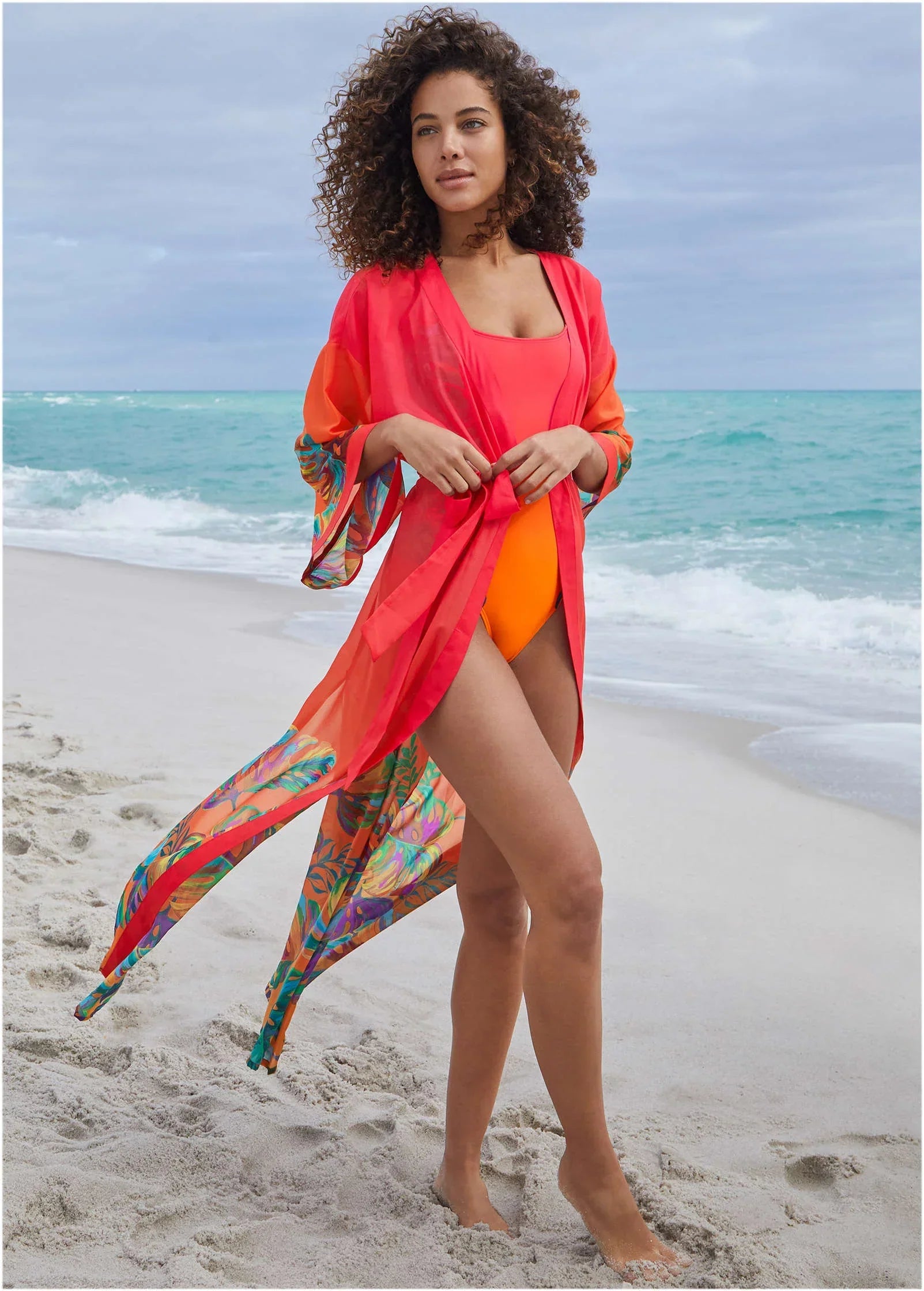 Belted Kimono Cover Up Tropical Sunset Border