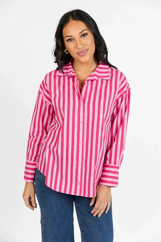 Drew Pink Striped Button Down Top