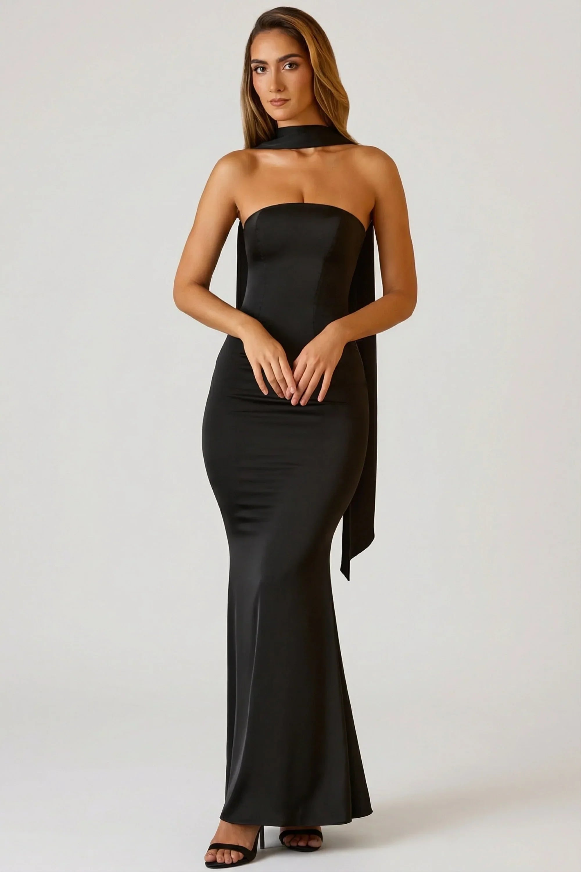 Scarf Detail Strapless Gown in Black