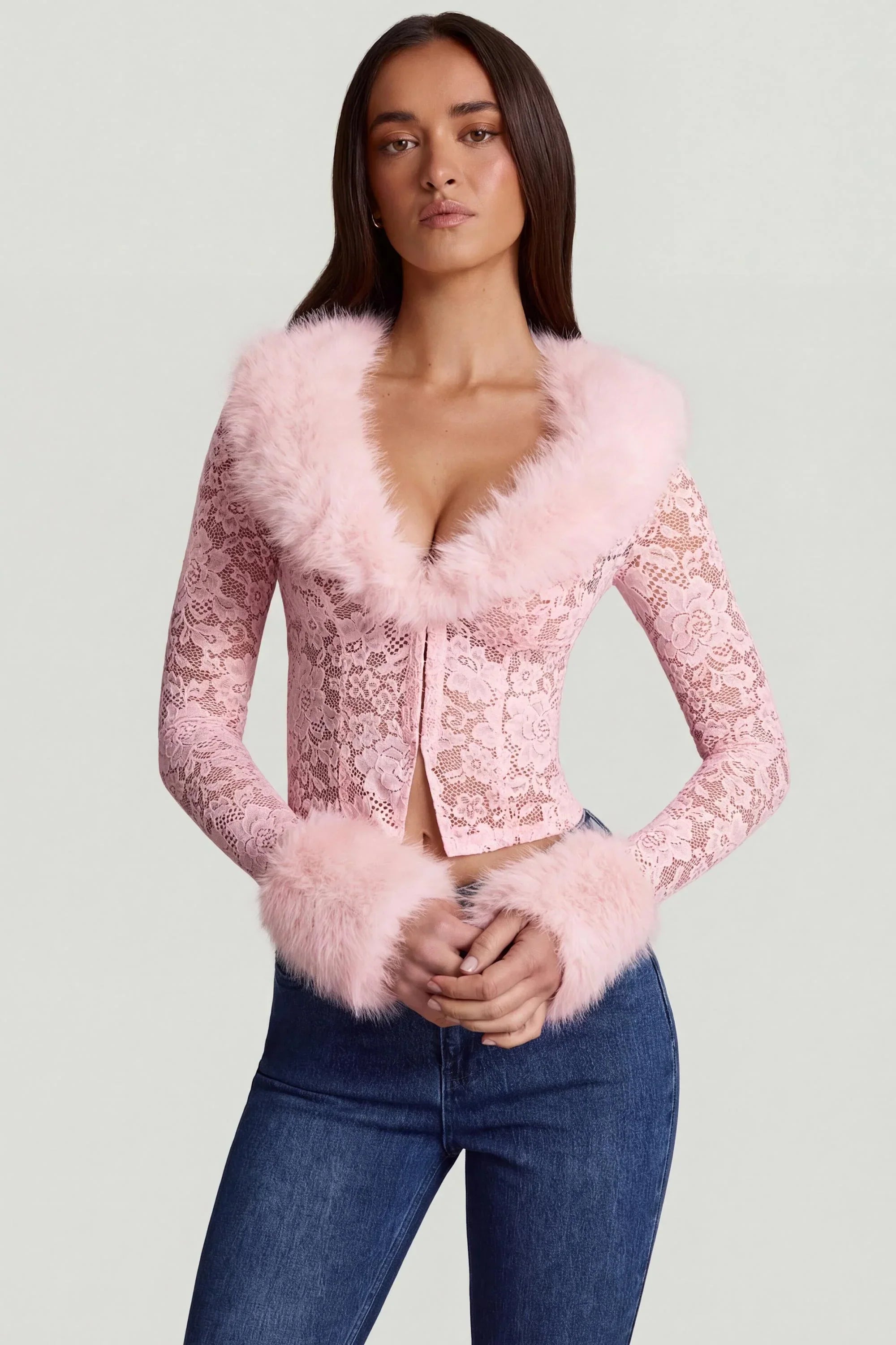 Sheer Lace Faux Fur Trim Cardigan in Pink
