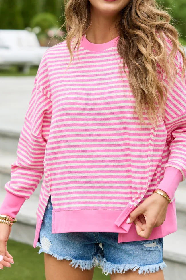 Kara Pink And White Stripe Waffle Pullover
